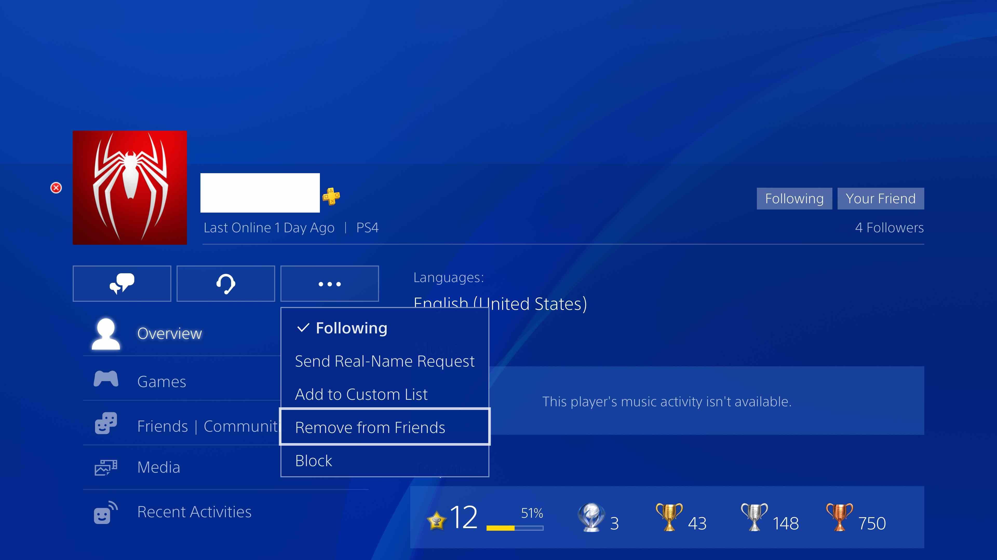 скриншот меню профиля друга PS4