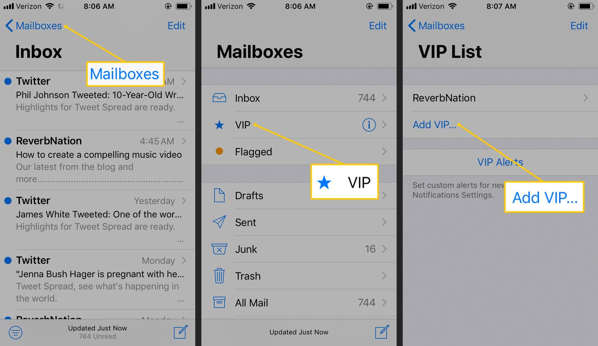Почтовые ящики, VIP и кнопки Добавить VIP в iOS