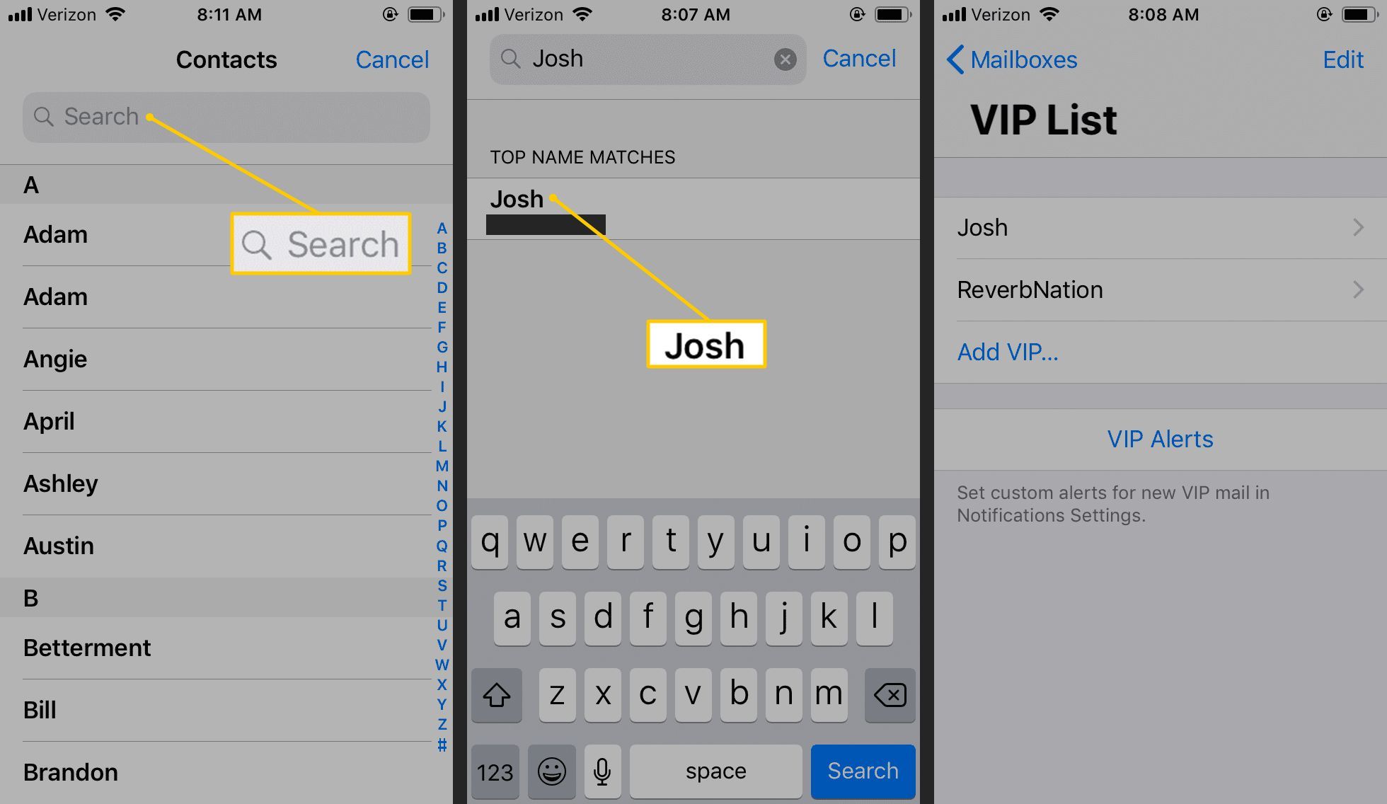 Поиск, контакты и VIP-список на iOS
