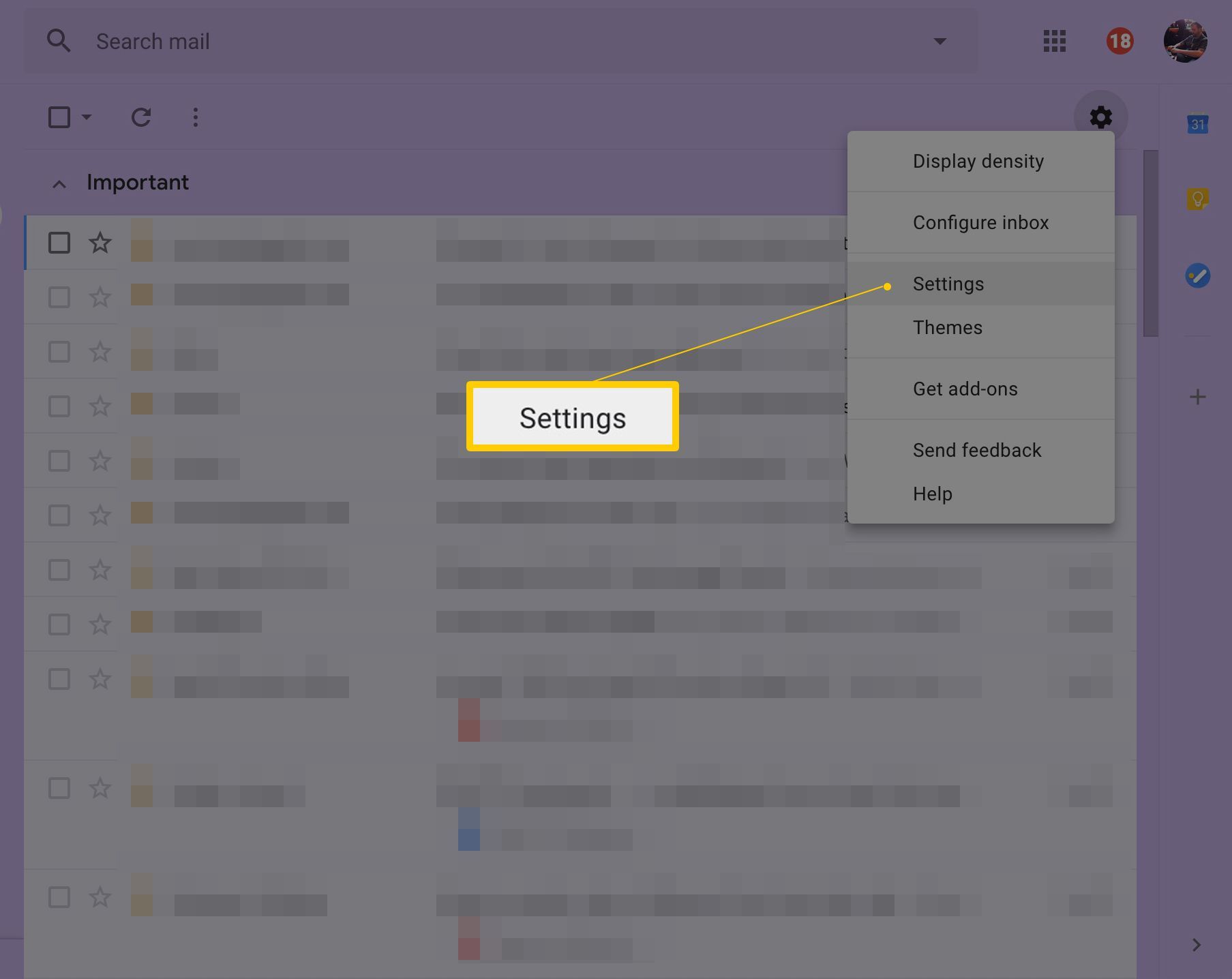 Пункт меню настроек в значке Gear для скриншота Gmail