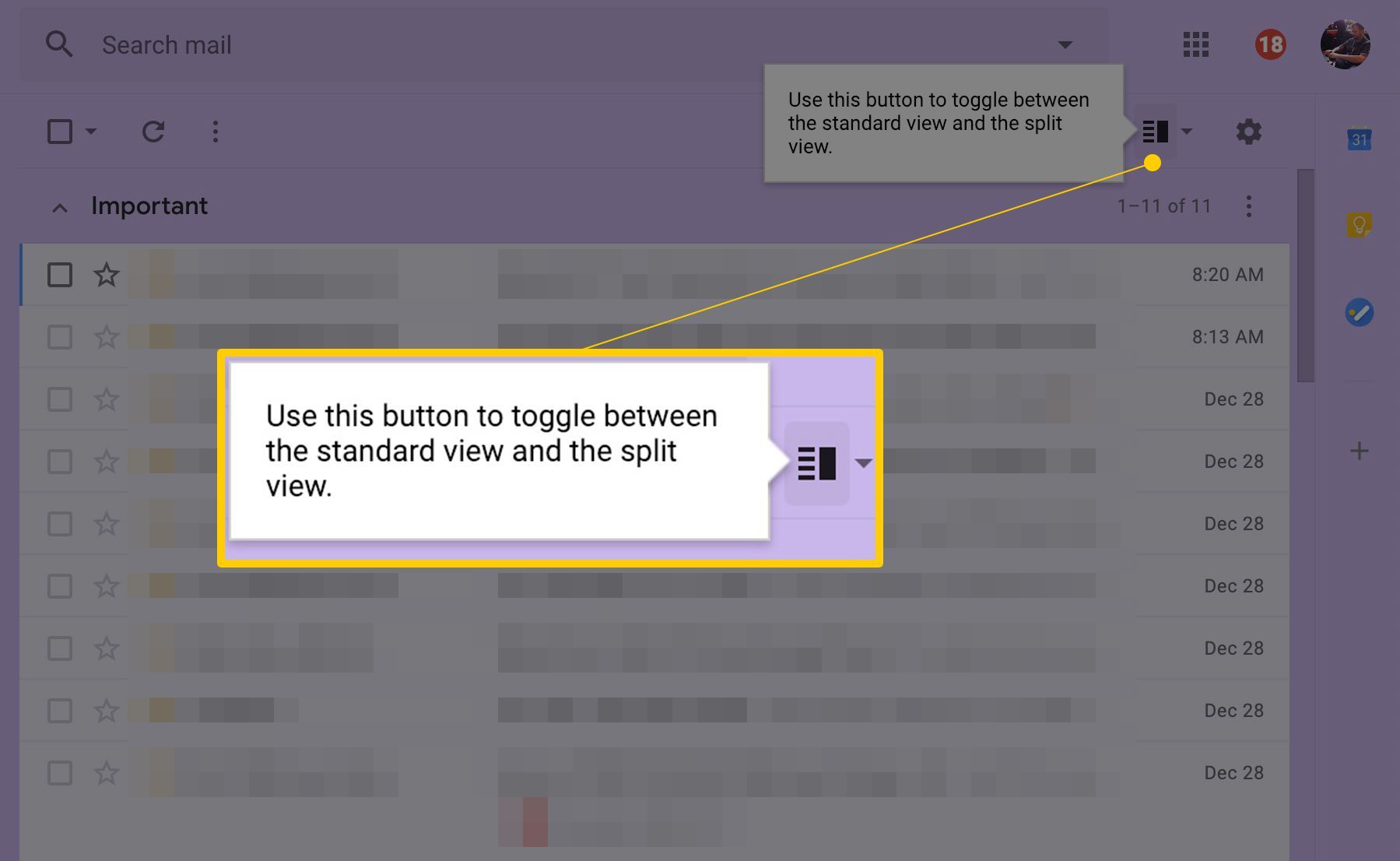 Кнопка просмотра панели предварительного просмотра на скриншоте Gmail