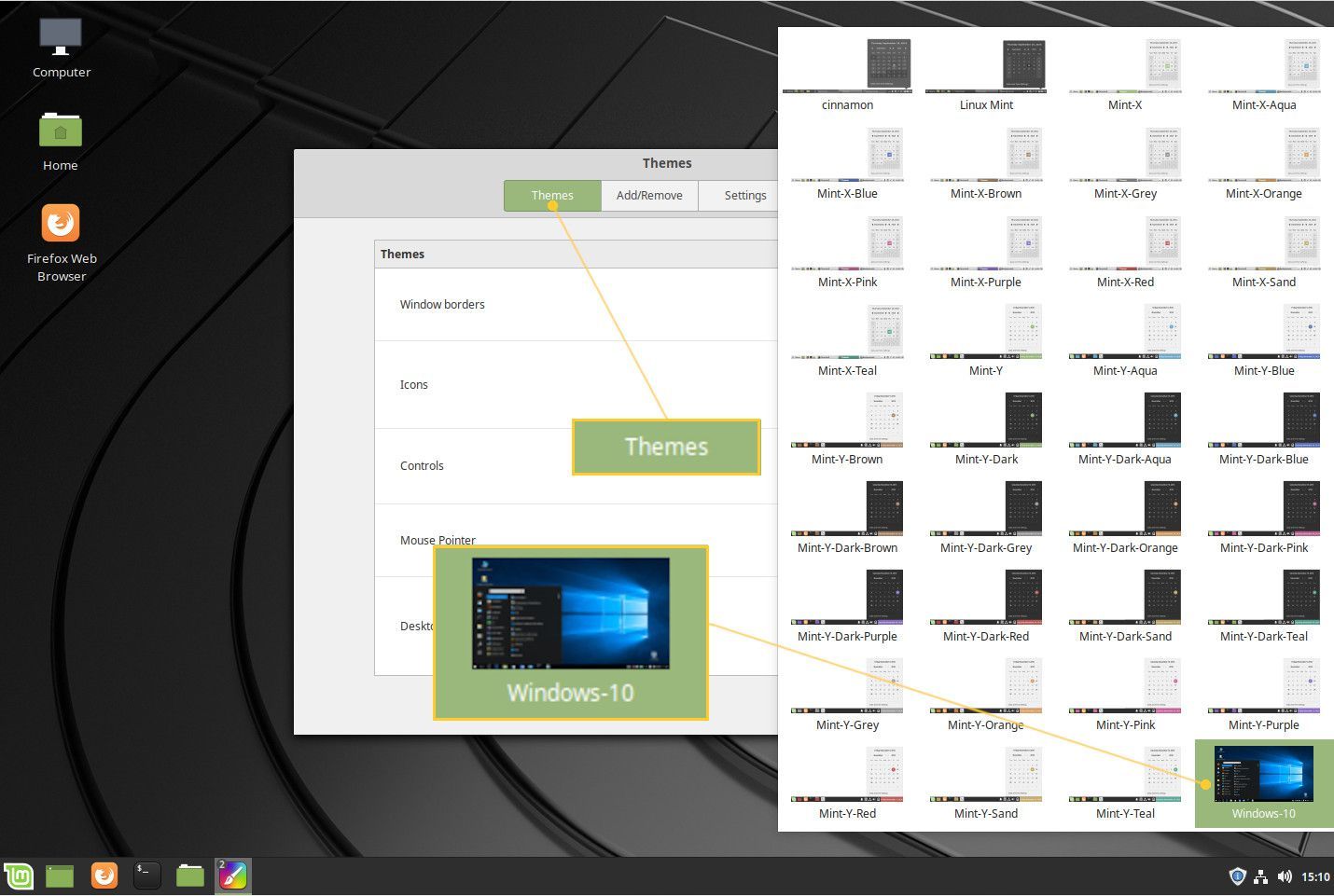 Снимок экрана с выбором новой темы для Windows 10.