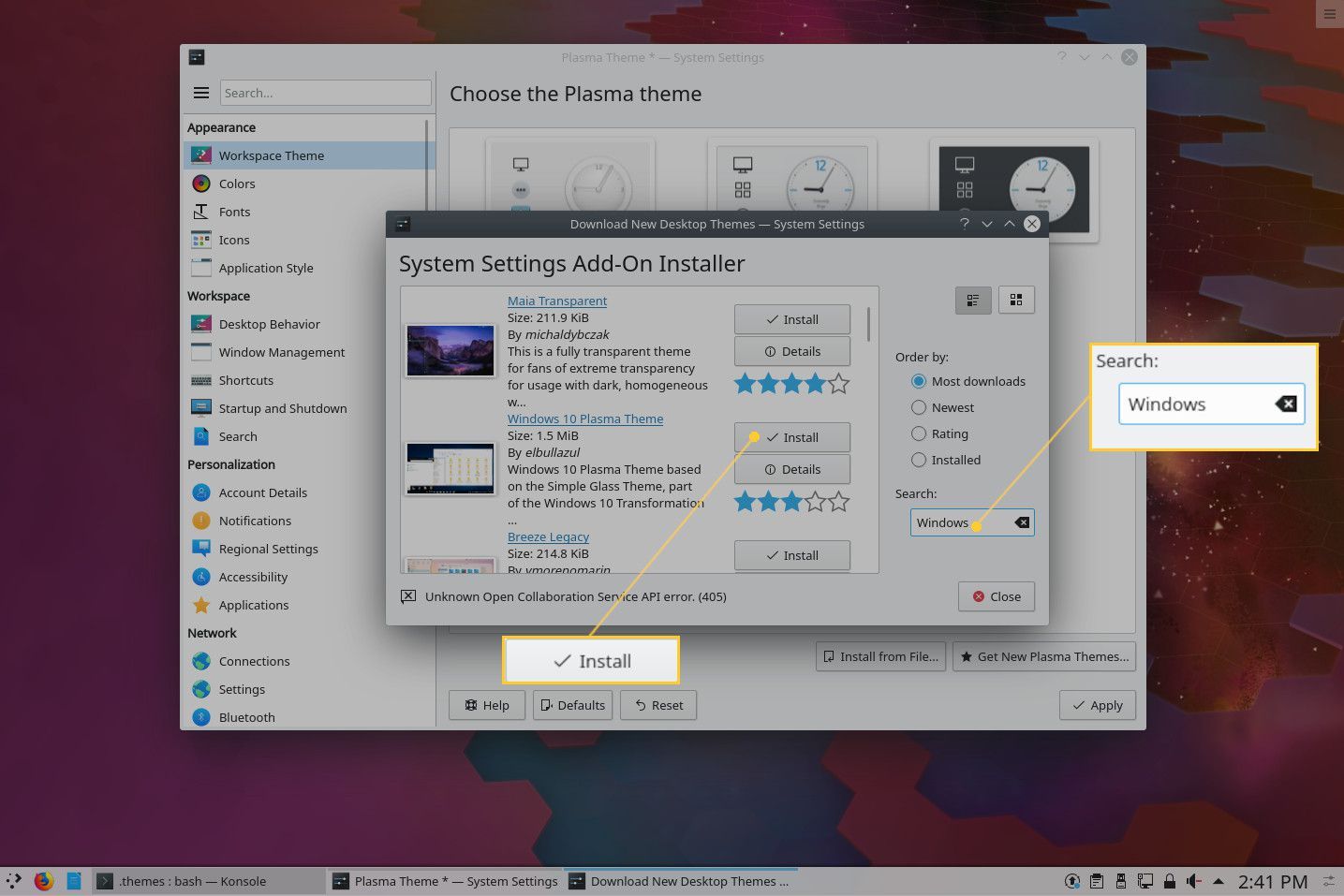 Снимок экрана установщика Windows 10 Plasma Theme.