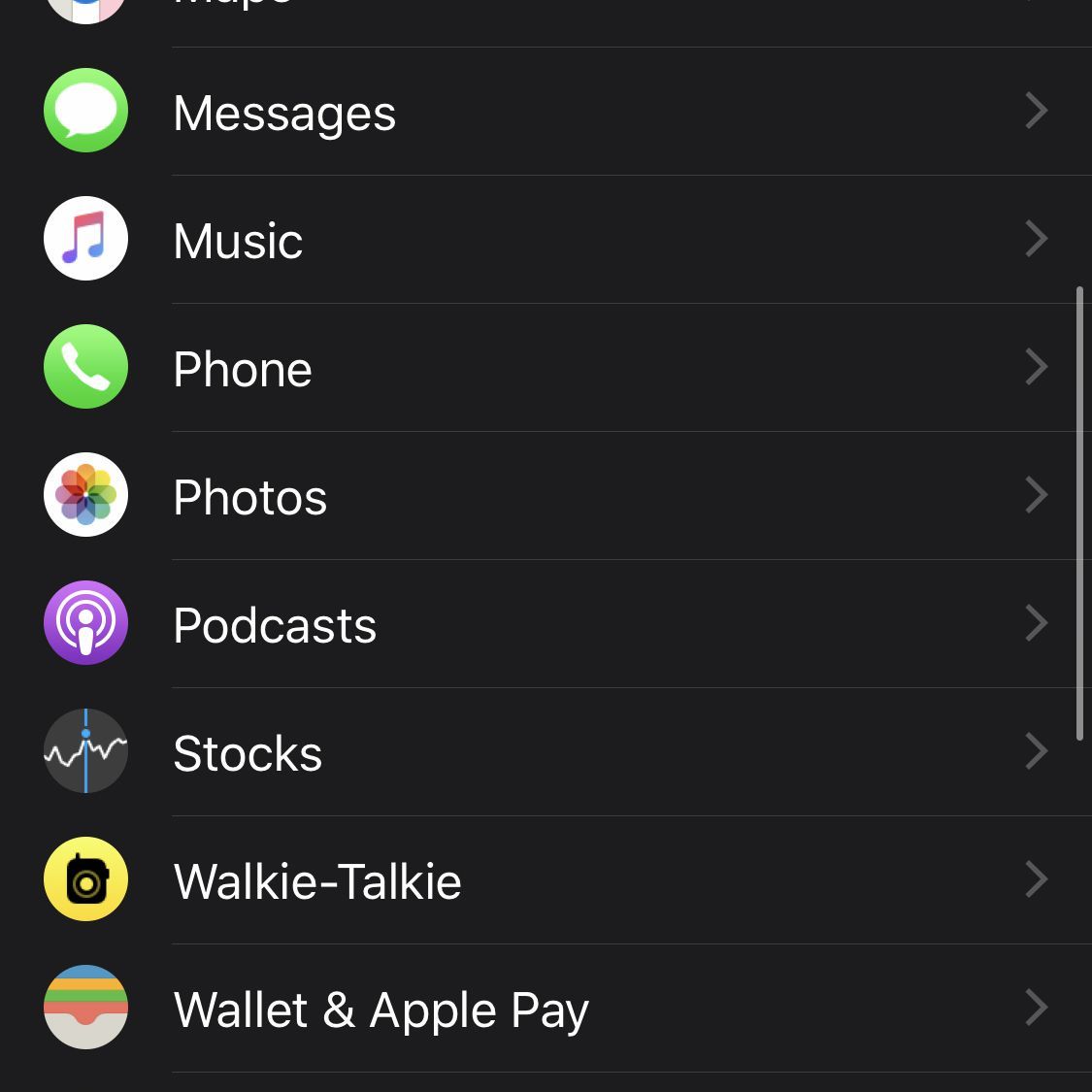 Снимок экрана с меню приложения Watch на iPhone