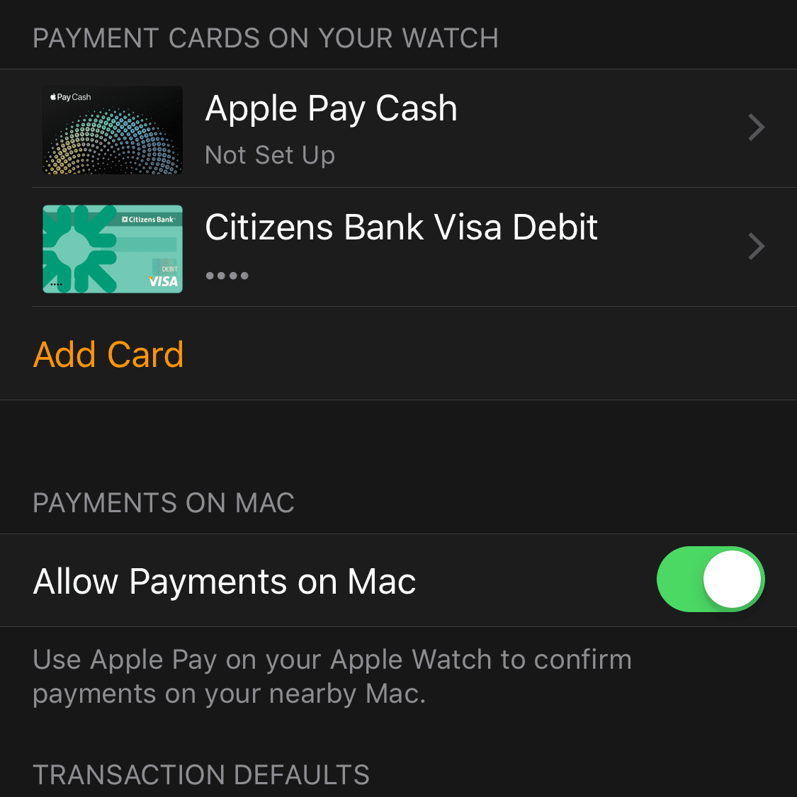 Снимок экрана с экрана Wallet & Apple Pay в приложении Watch