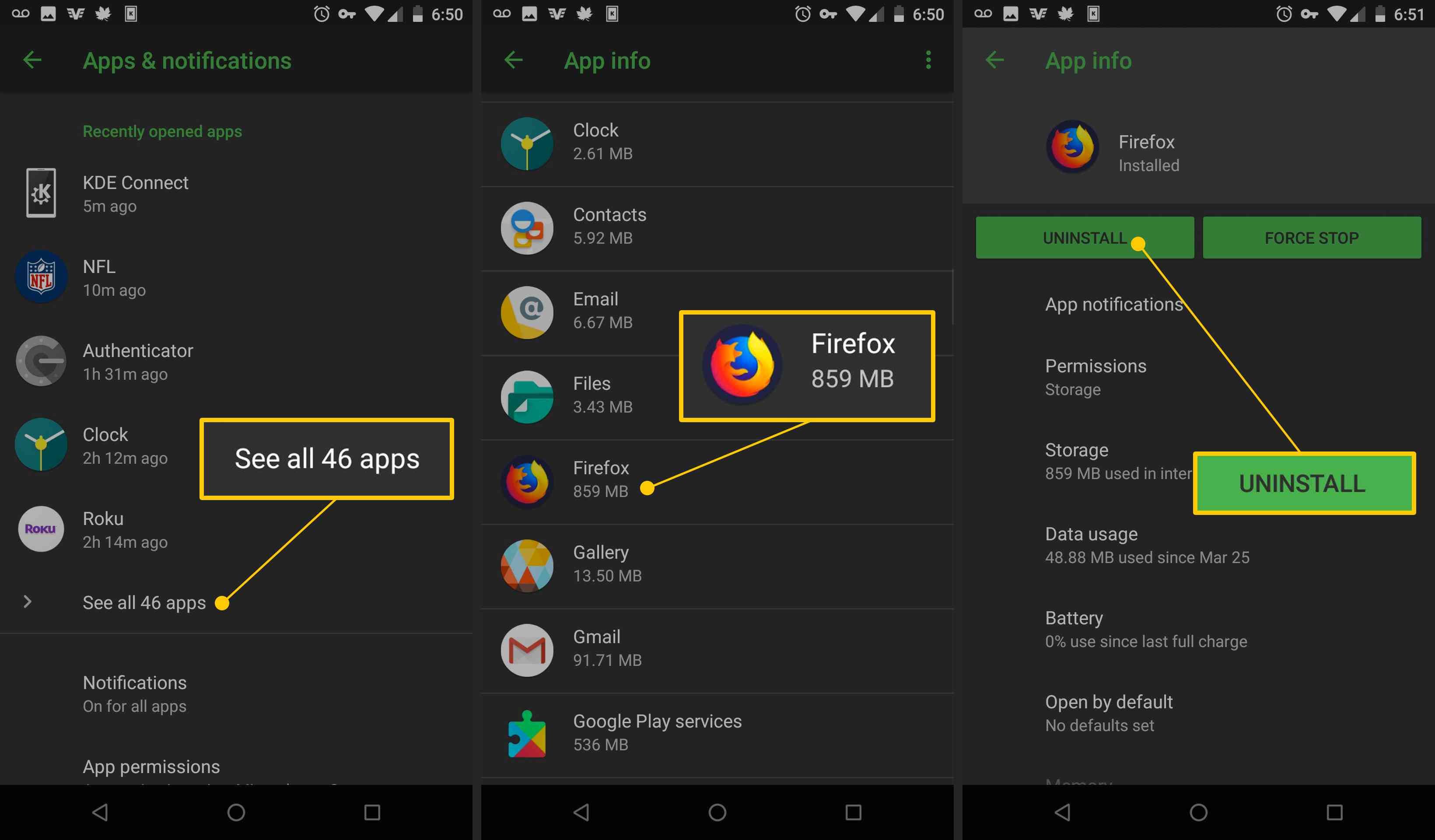 Смотреть все 46 приложений, Firefox, кнопка удаления в Android