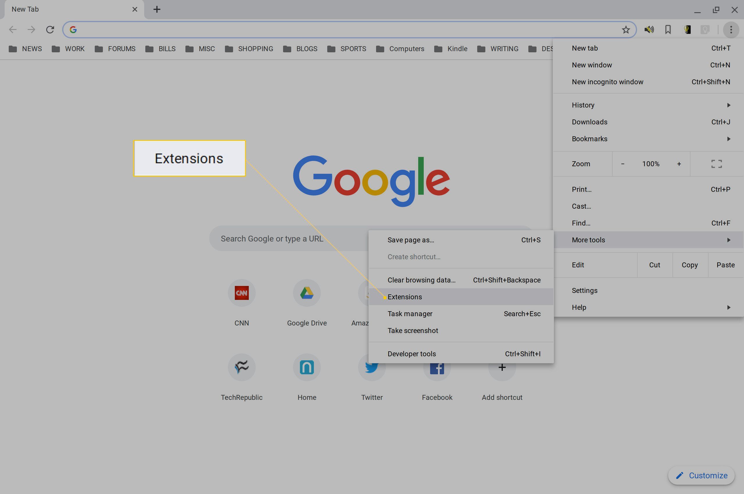 Снимок экрана меню Chromebook.