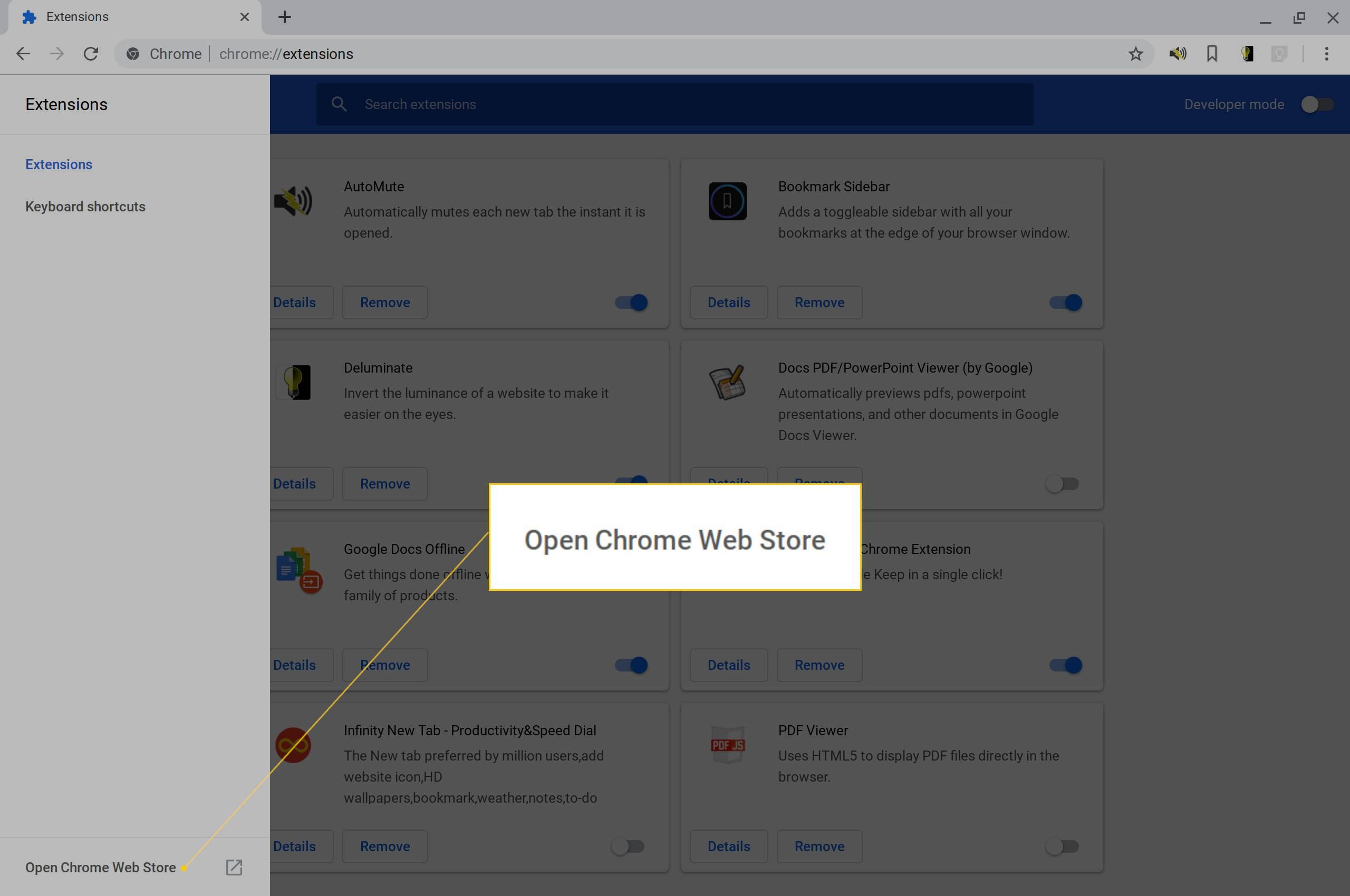 Снимок экрана со ссылкой Open Chrome Web Store.