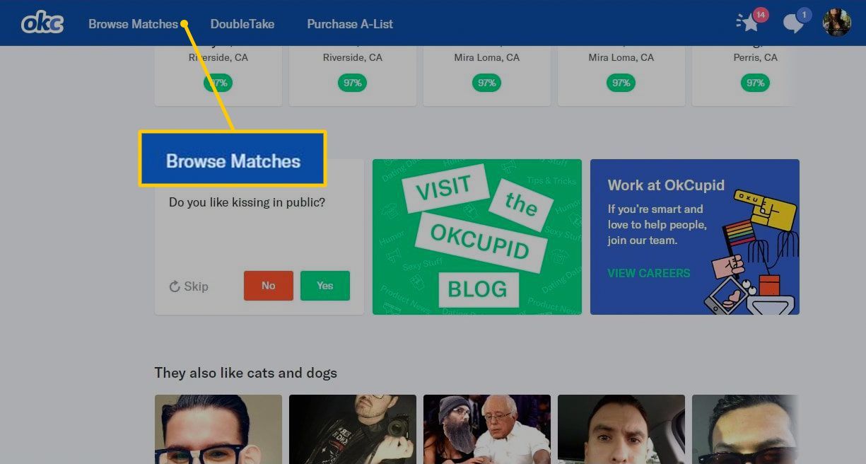 Кнопка Обзор матчей на OKCupid