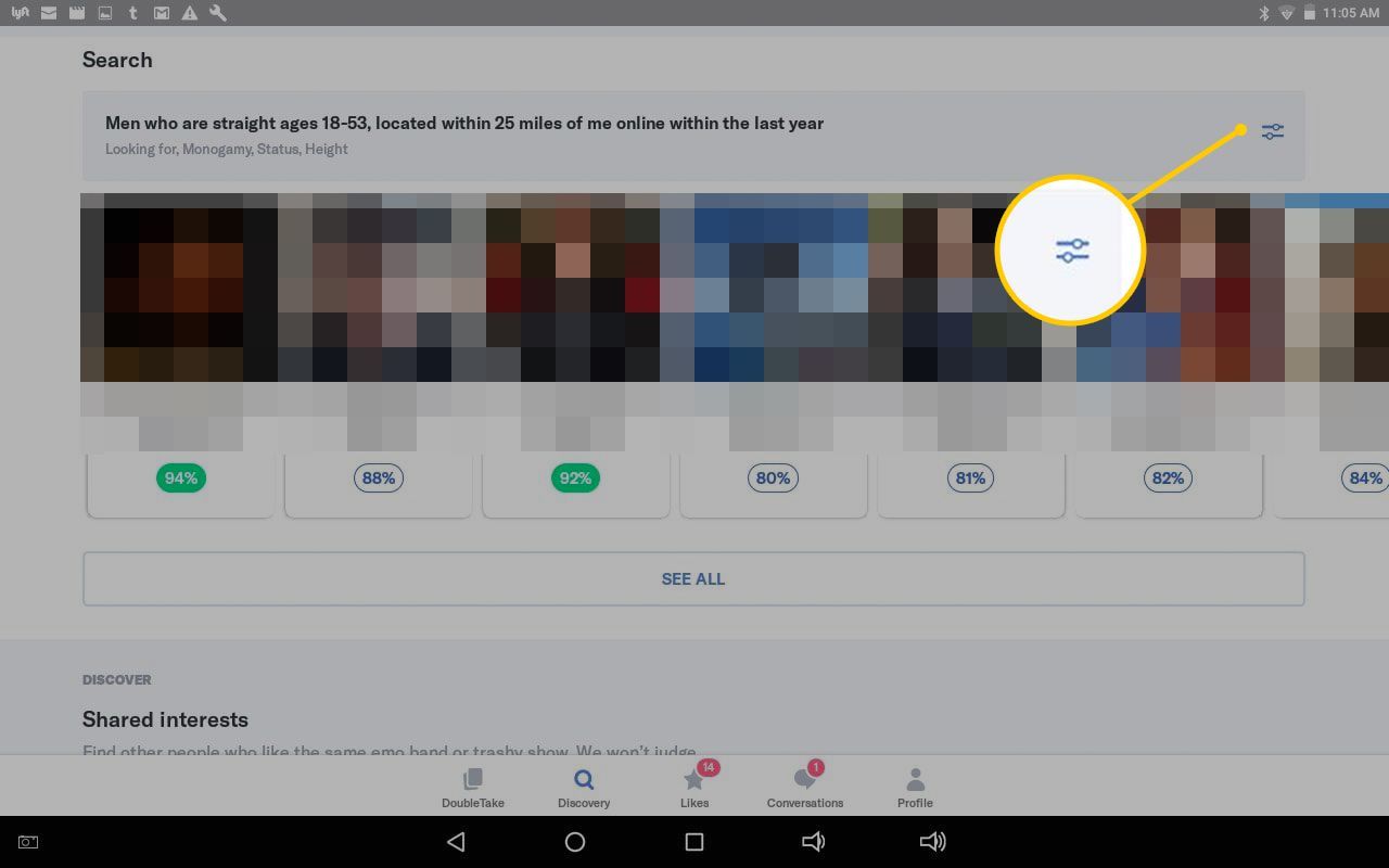 Кнопка расширенных фильтров в мобильном приложении OKCupid