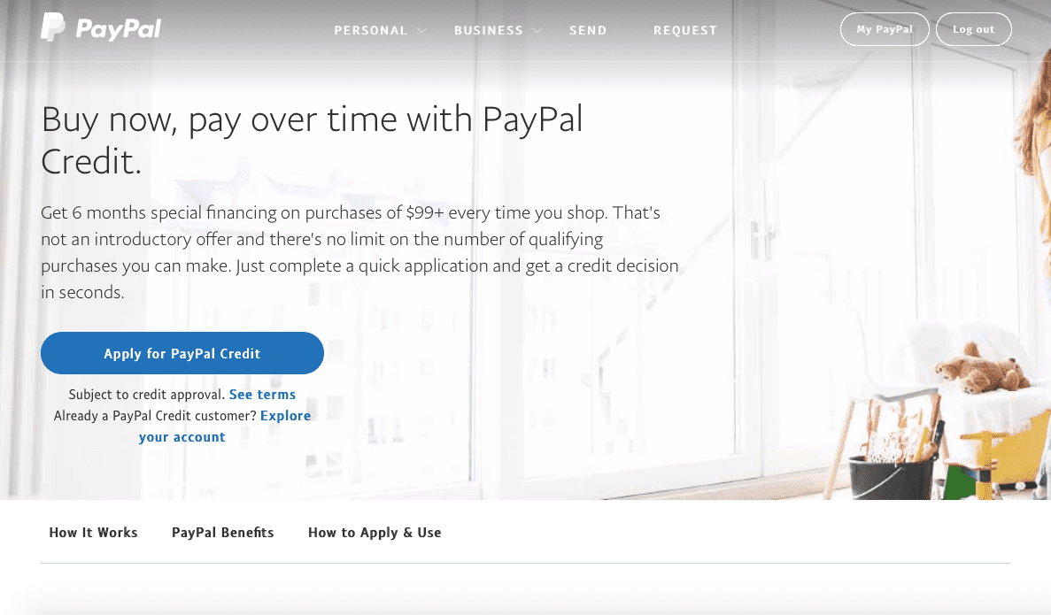 Снимок экрана веб-сайта приложения PayPal Credit