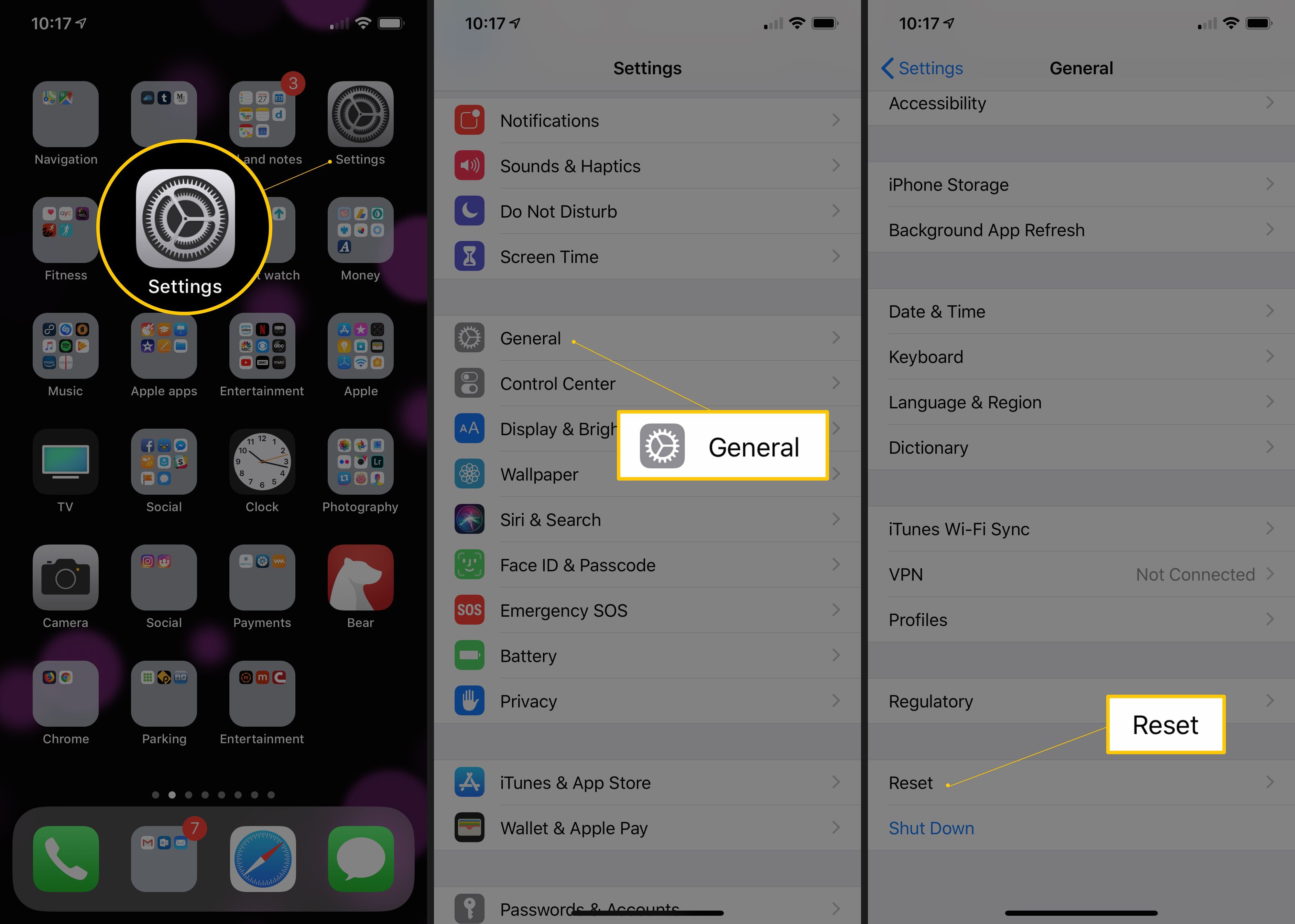 Три экрана iOS со значком приложения «Настройки», вкладкой «Общие», кнопкой «Сброс»