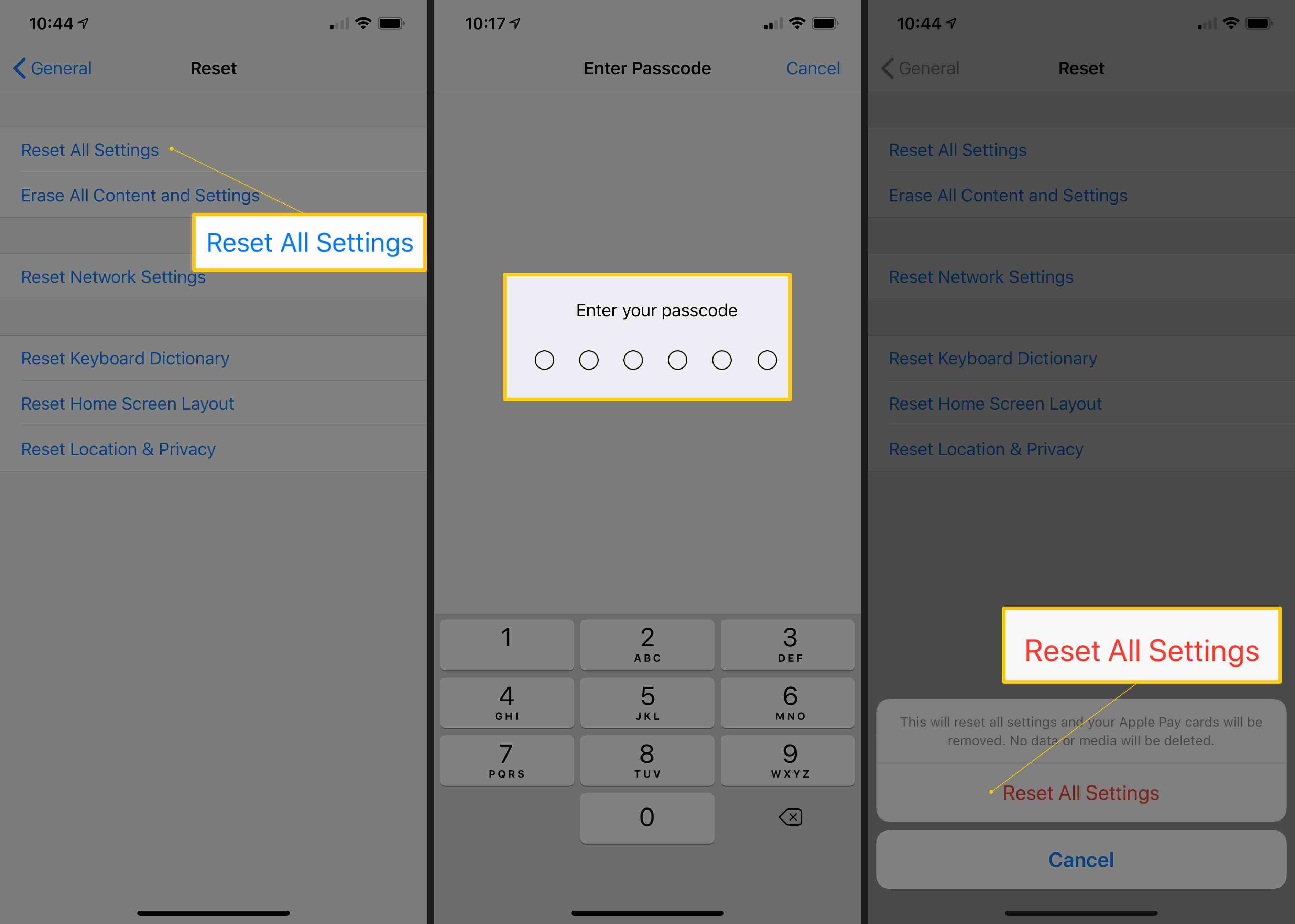 Сбросить все настройки, введите пароль и сбросить все настройки на трех экранах iOS