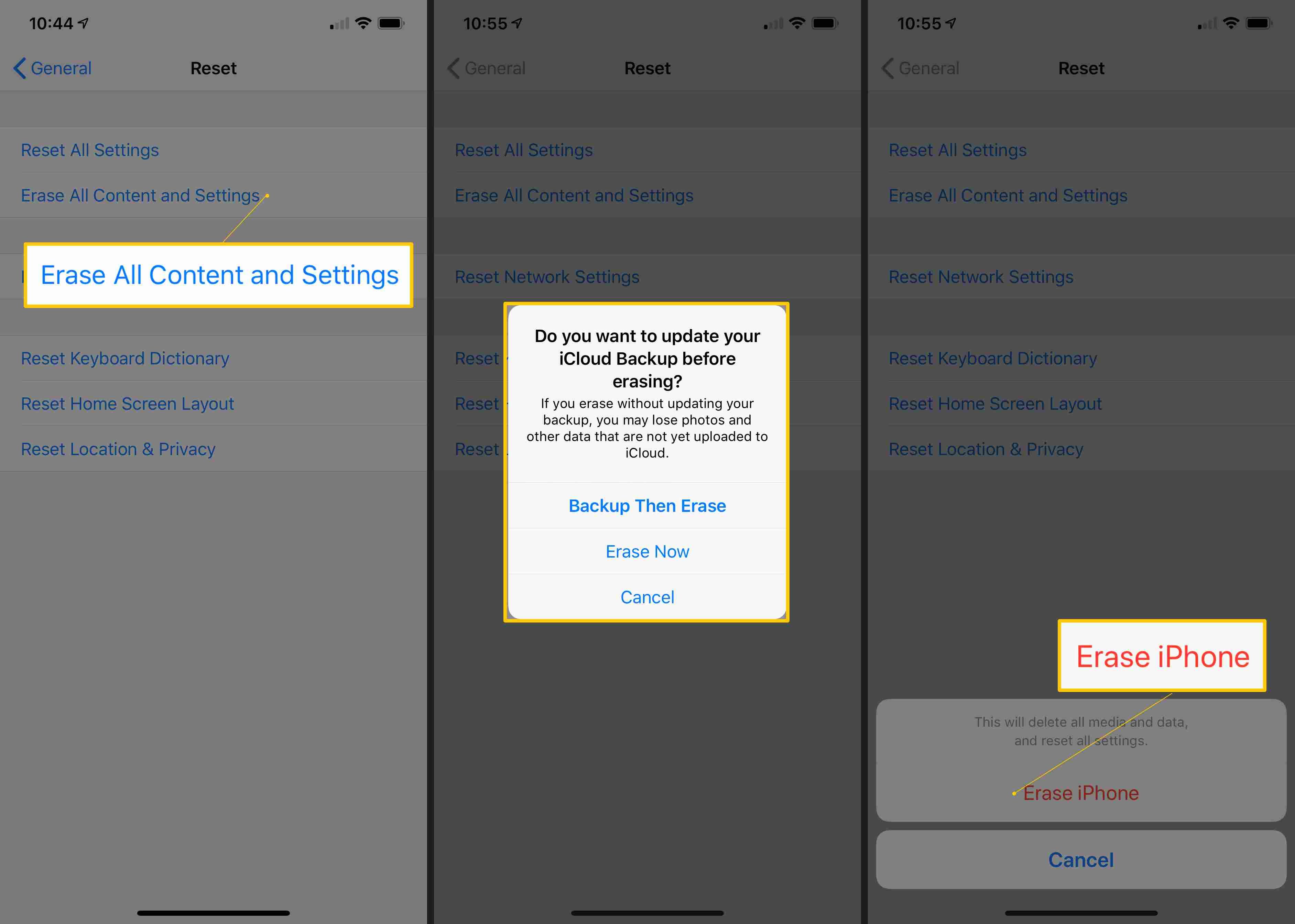 Удалить все содержимое и настройки, обновить предупреждение iCloud Backup, удалить подтверждение iPhone в настройках iOS