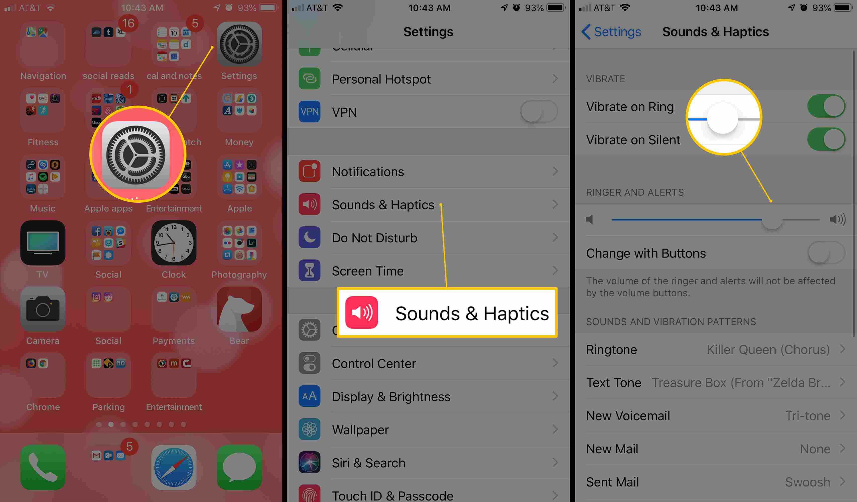 Три экрана iOS со значком приложения «Настройки», кнопкой «Звуки и гаптики» и ползунком «Звонок и оповещения»
