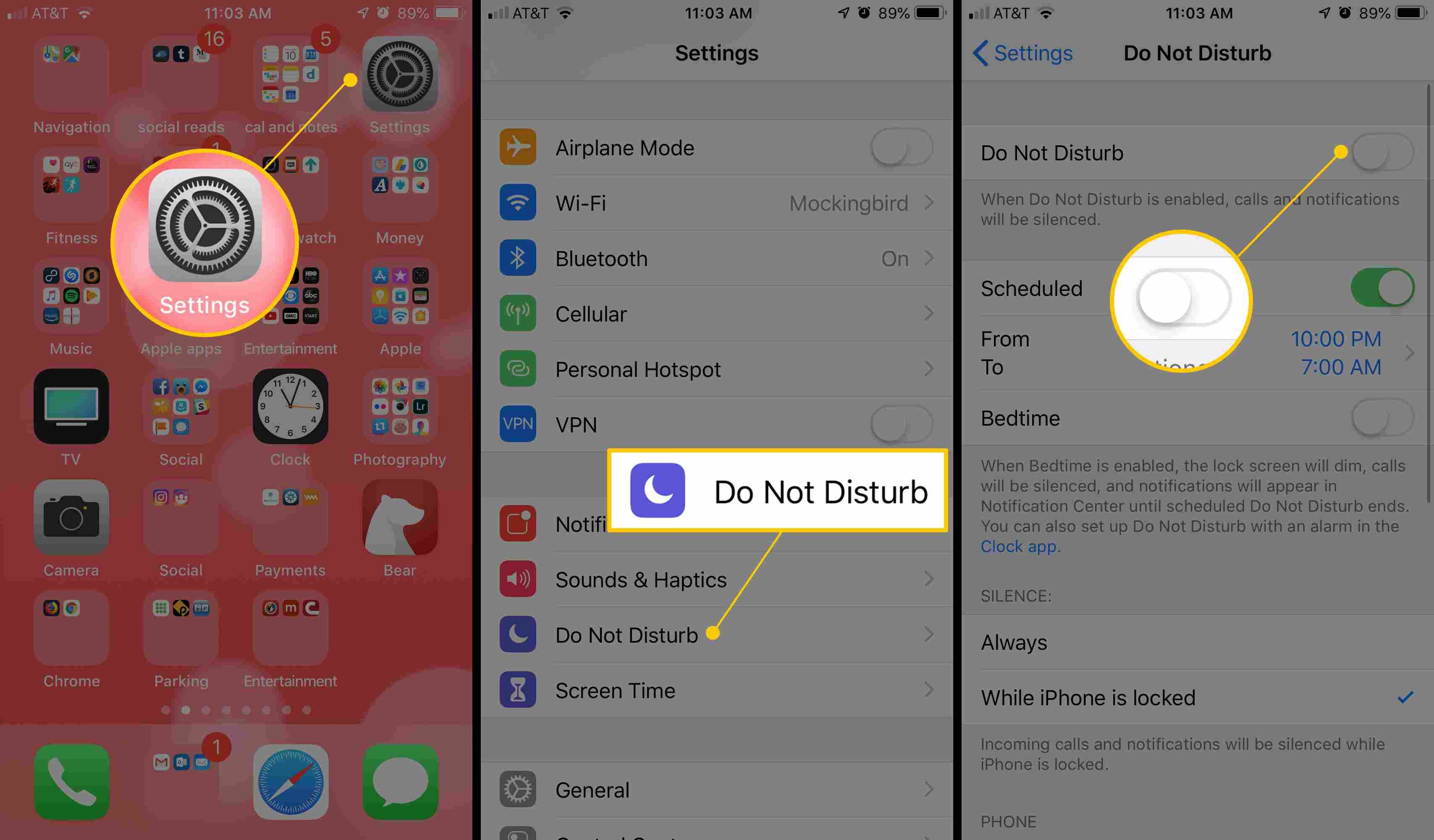 Три экрана iOS со значком приложения «Настройки», кнопкой «Не беспокоить» и переключателем «Не беспокоить»