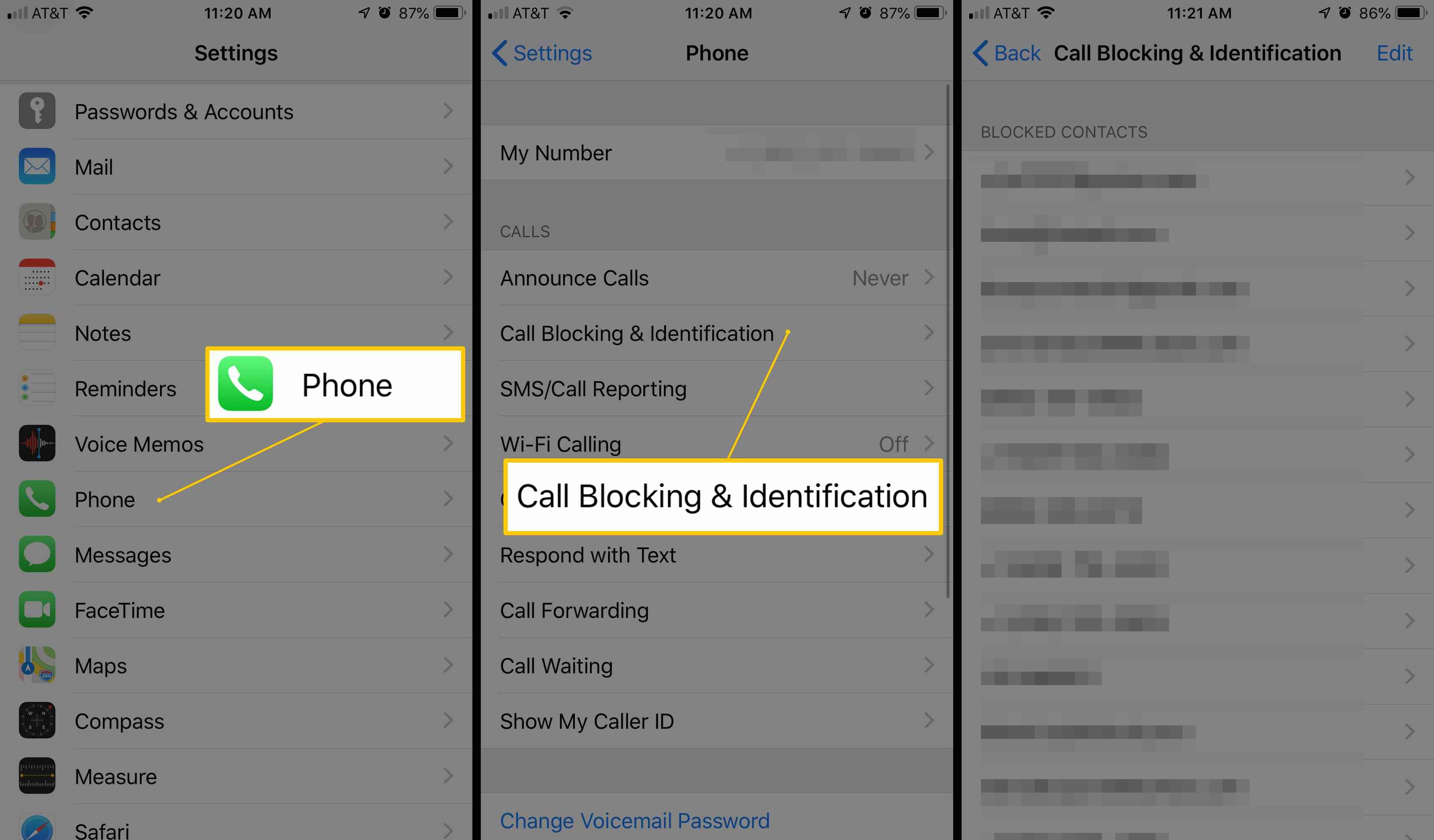 Три экрана iOS с изображением телефона в приложении «Настройки», кнопкой «Блокировка вызова и идентификация» и списком заблокированных номеров.