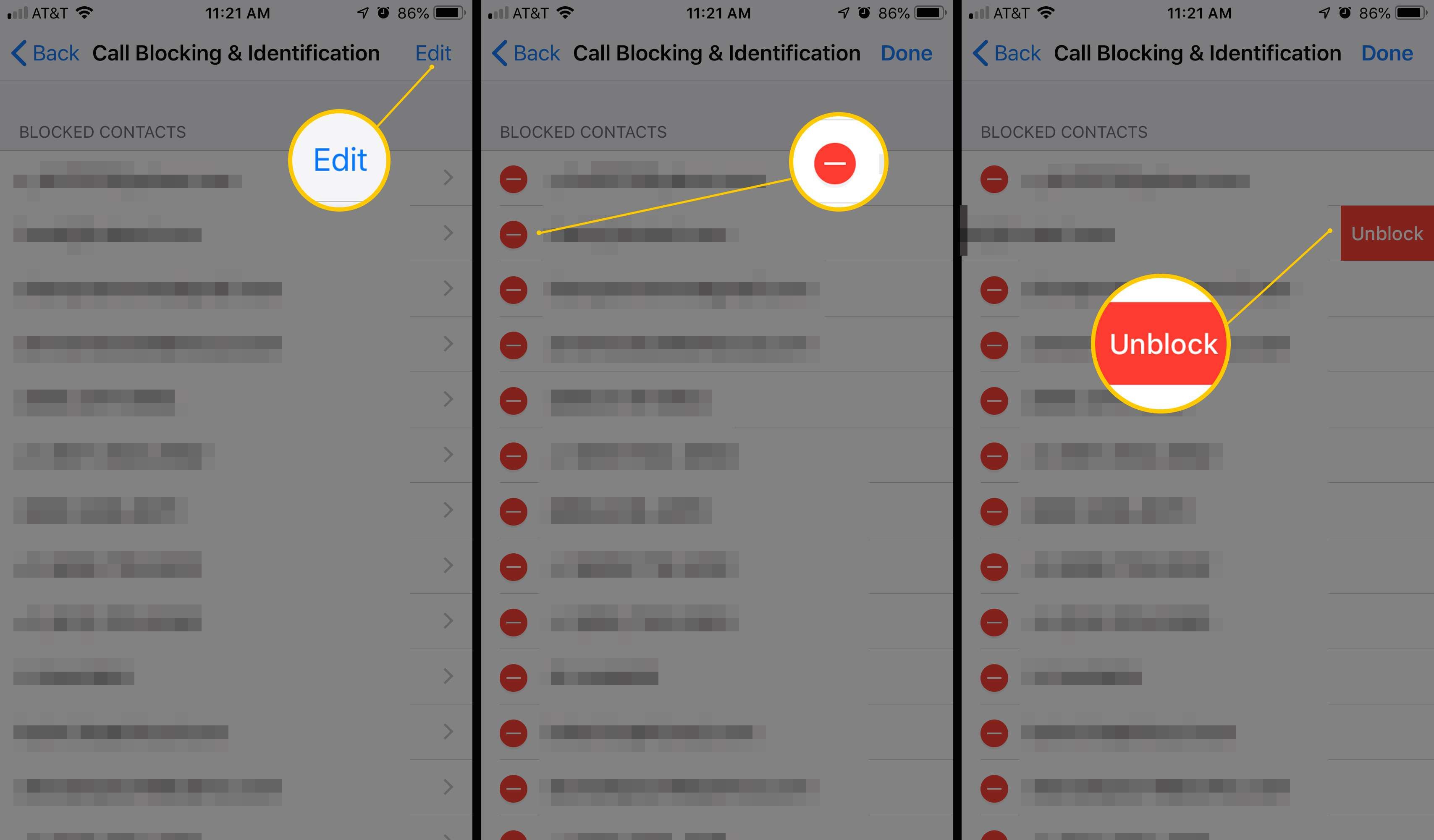 Три экрана iOS с красной кнопкой «Блокировка вызова и идентификация», красная