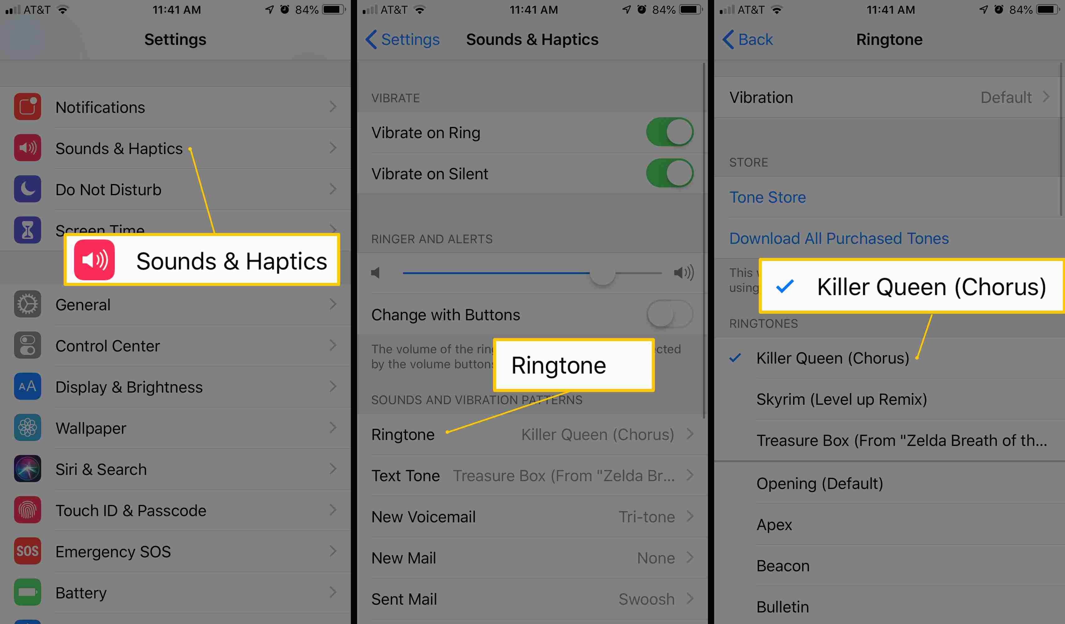 Три экрана iOS, на которых отображаются мелодии Sounds & Haptics, Ringtone и Killer Queen (Chorus) в приложении «Настройки»