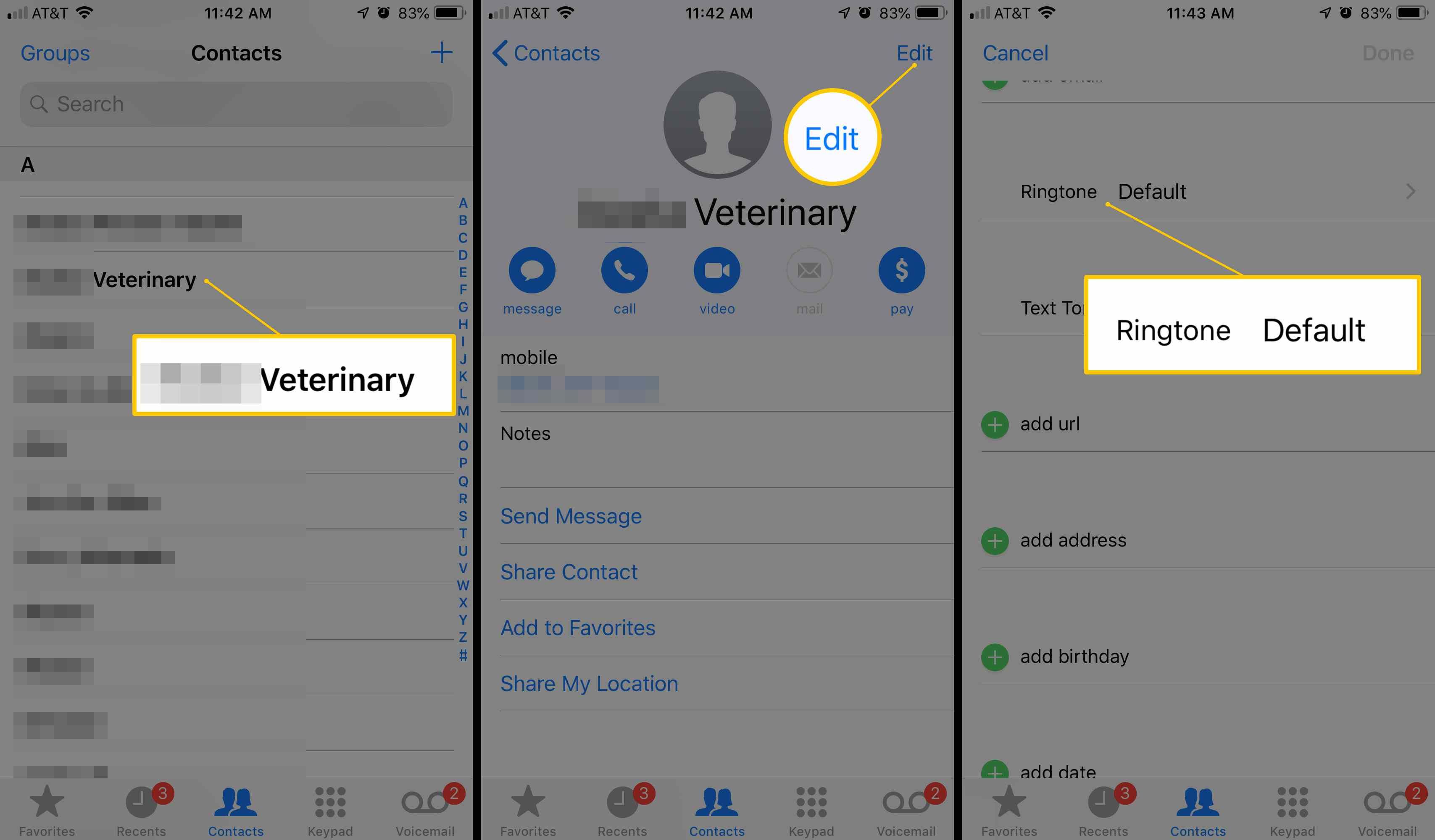 Три экрана iOS с контактами, кнопкой «Изменить» и областью «Мелодия звонка» в приложении «Настройки телефона»