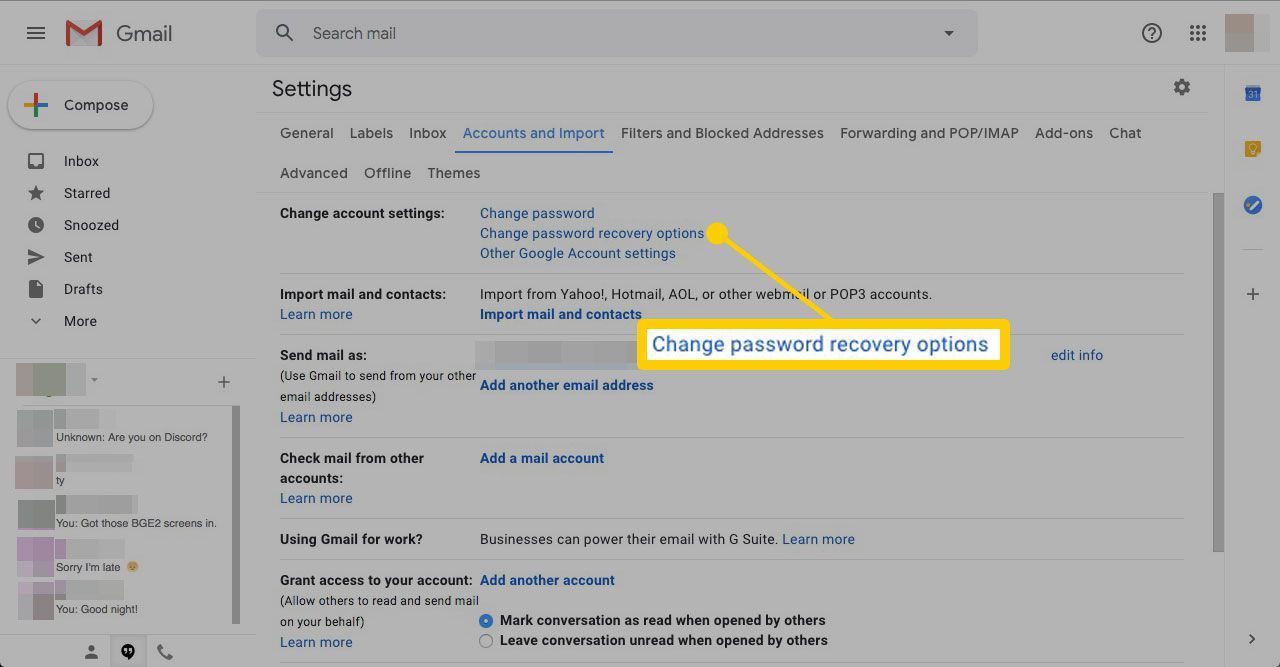 изменить пароль восстановления в скриншоте Gmail