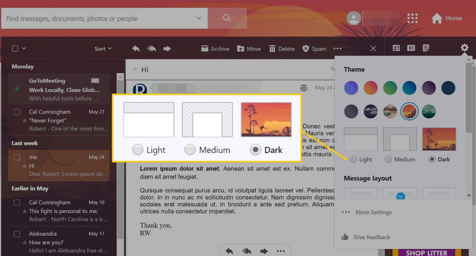 Варианты Light / Medium / Dark в Yahoo Mail