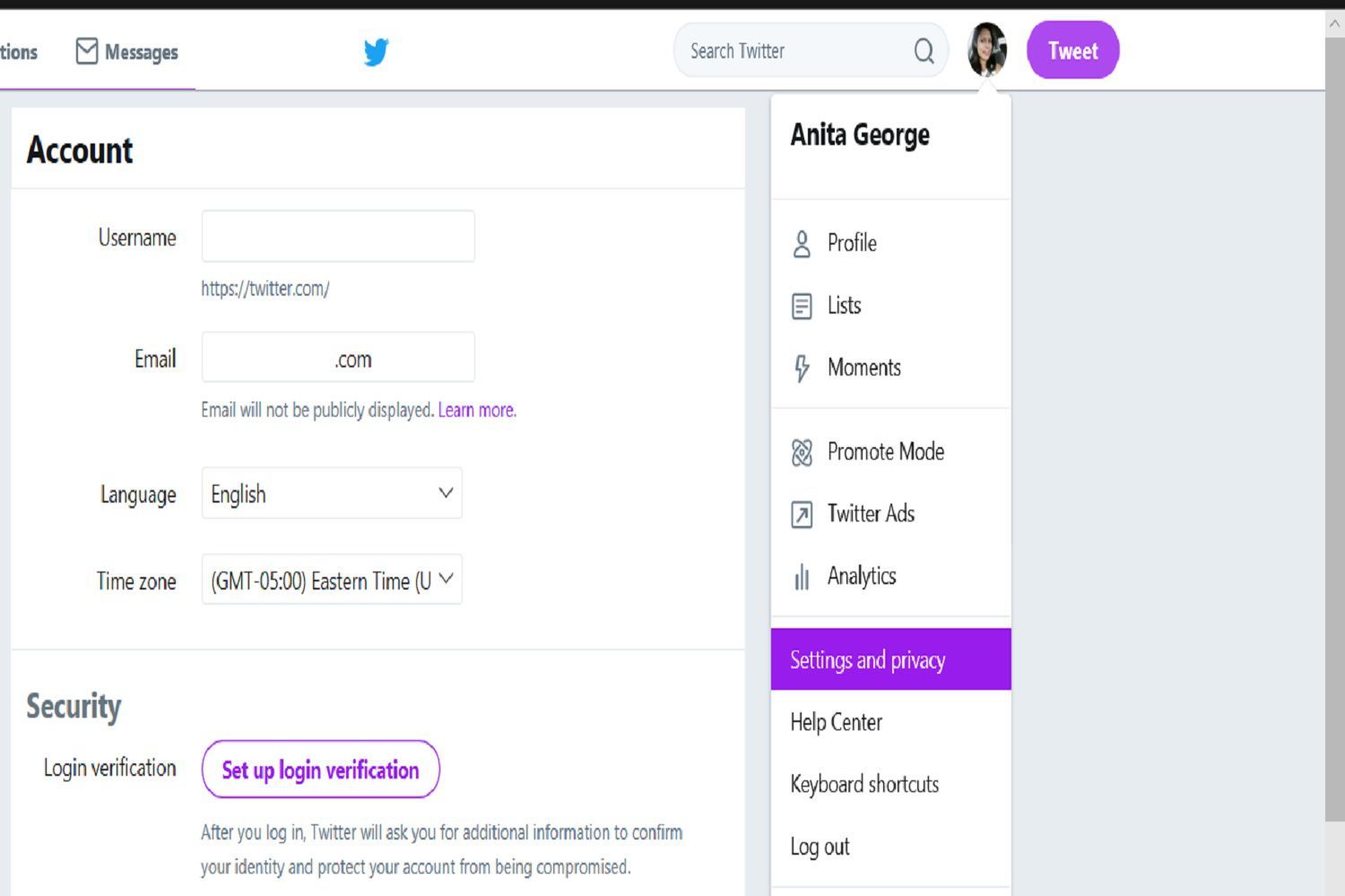 Снимок экрана, показывающий, как редактировать имя пользователя Twitter на компьютере с помощью версии Twitter для настольного веб-сайта.