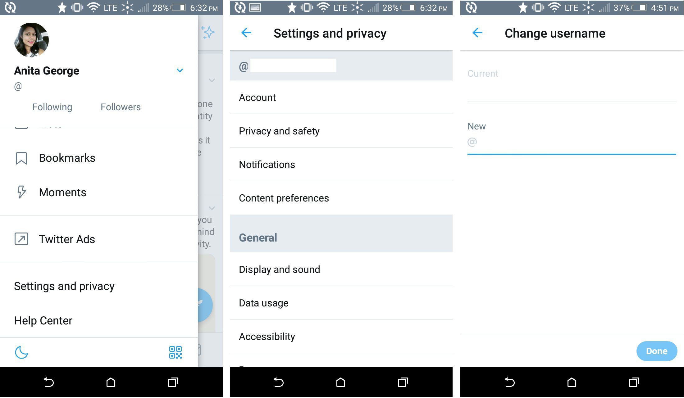 Серия снимков экрана, показывающая, как изменить дескриптор Twitter в мобильном приложении Twitter на телефоне Android.