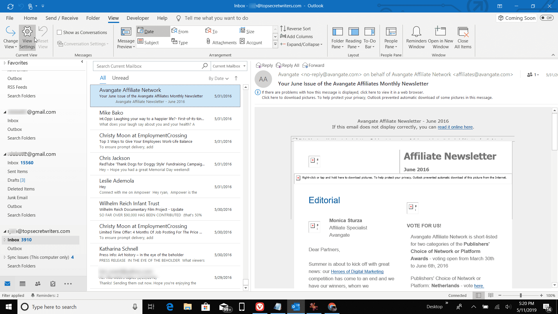 Скриншот настроек просмотра в Outlook