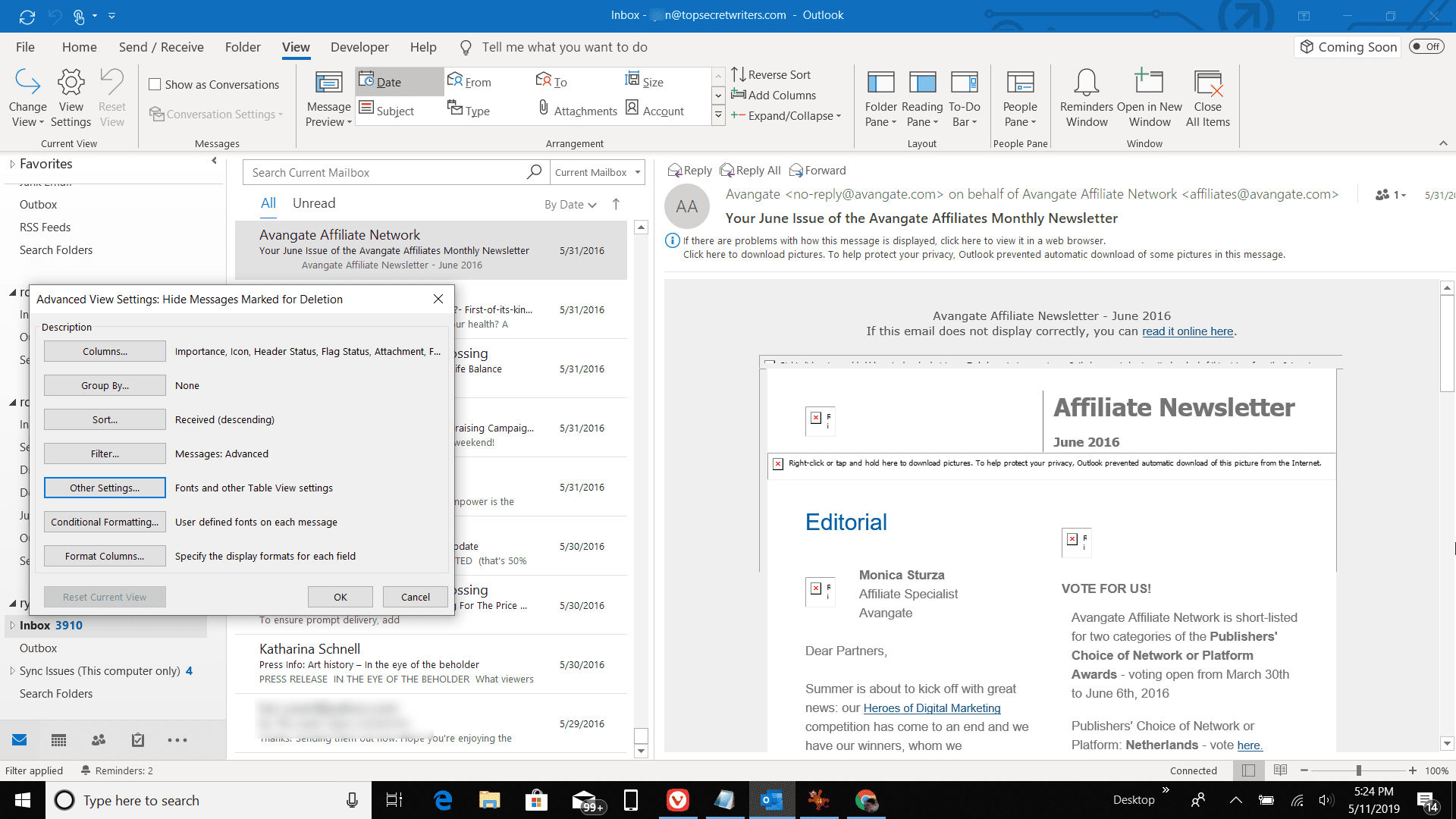 Снимок экрана расширенных настроек просмотра в Outlook