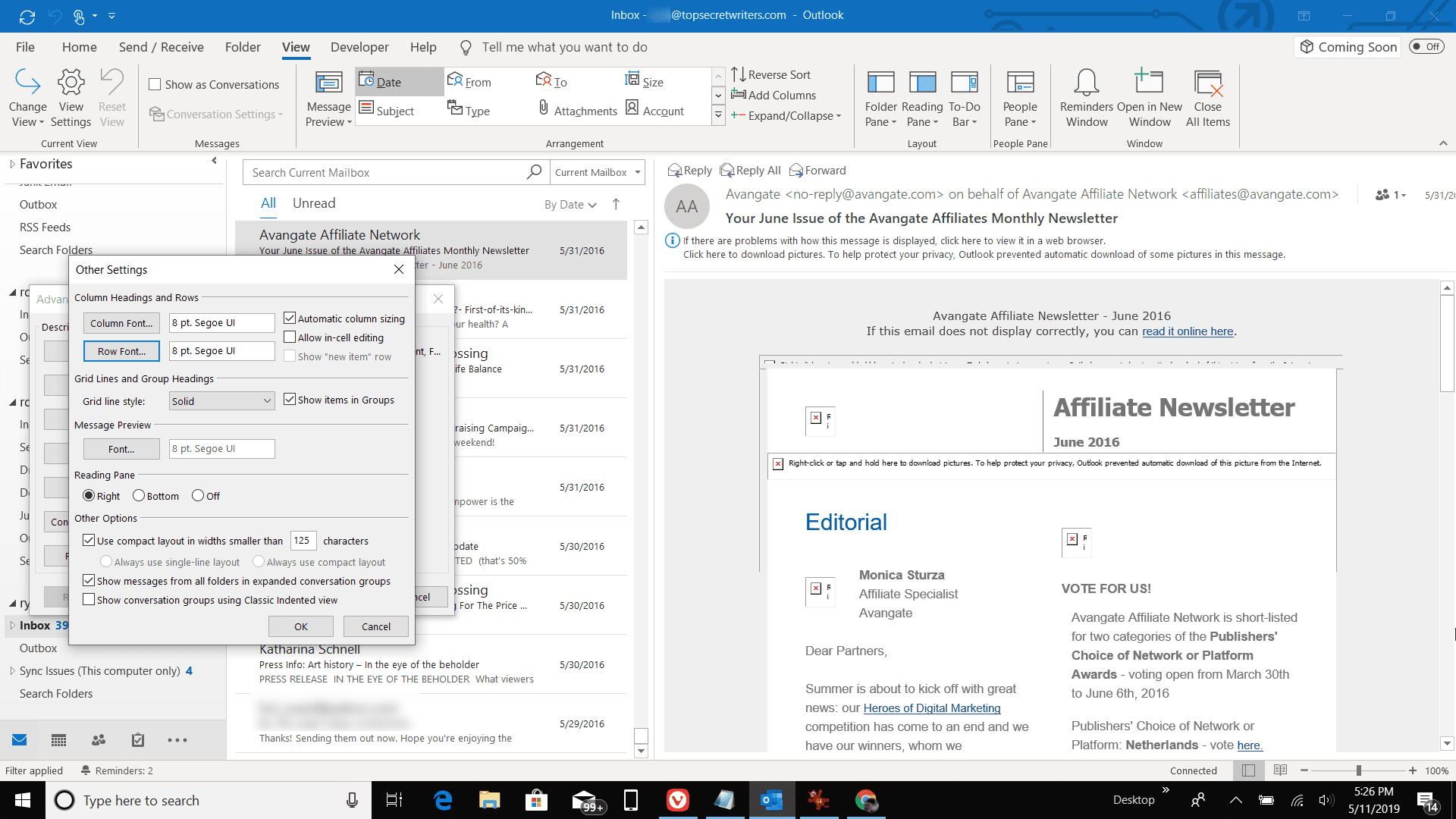 Снимок экрана шрифта Row в Outlook