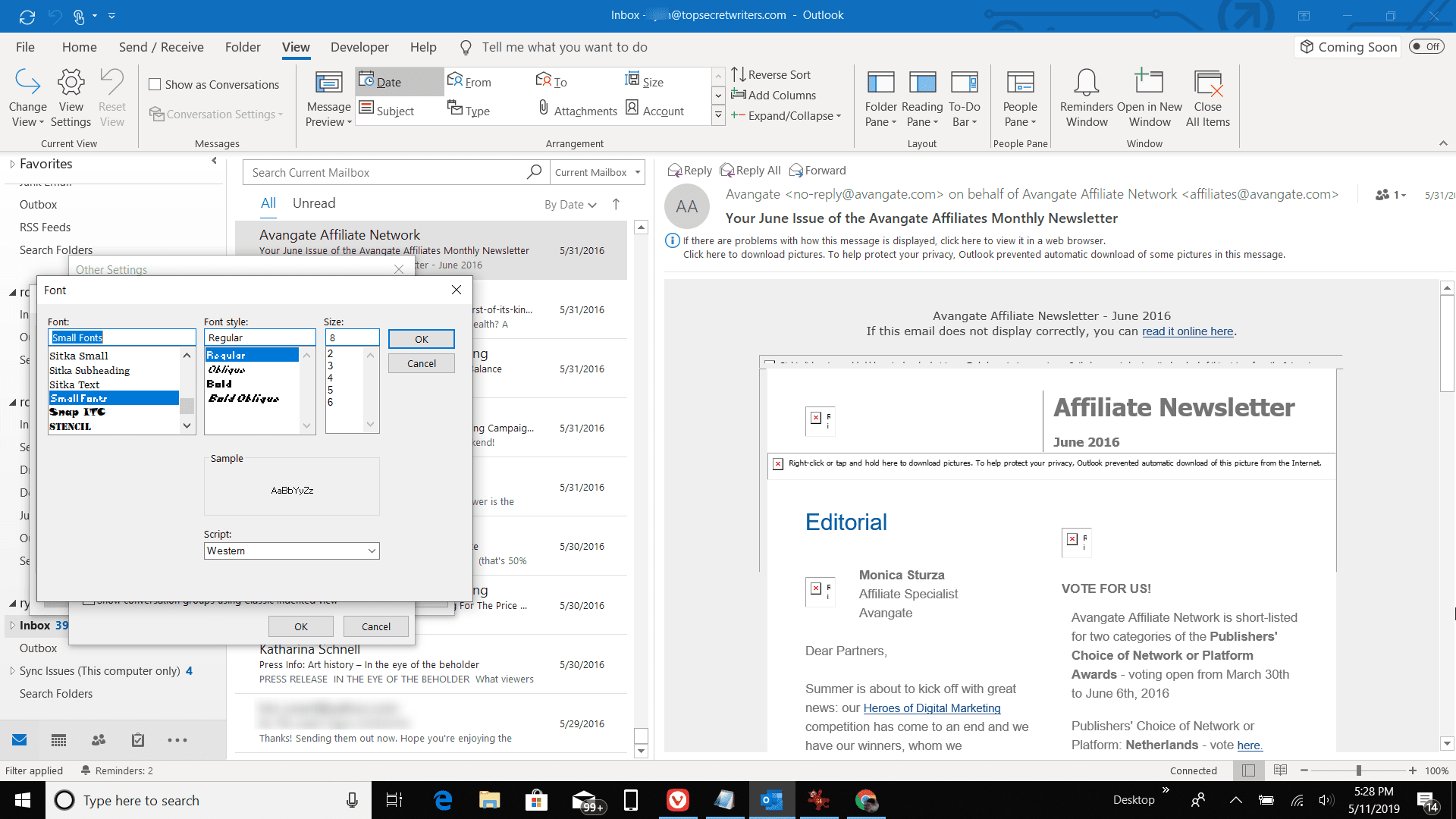 Снимок экрана настроек шрифта в Outlook