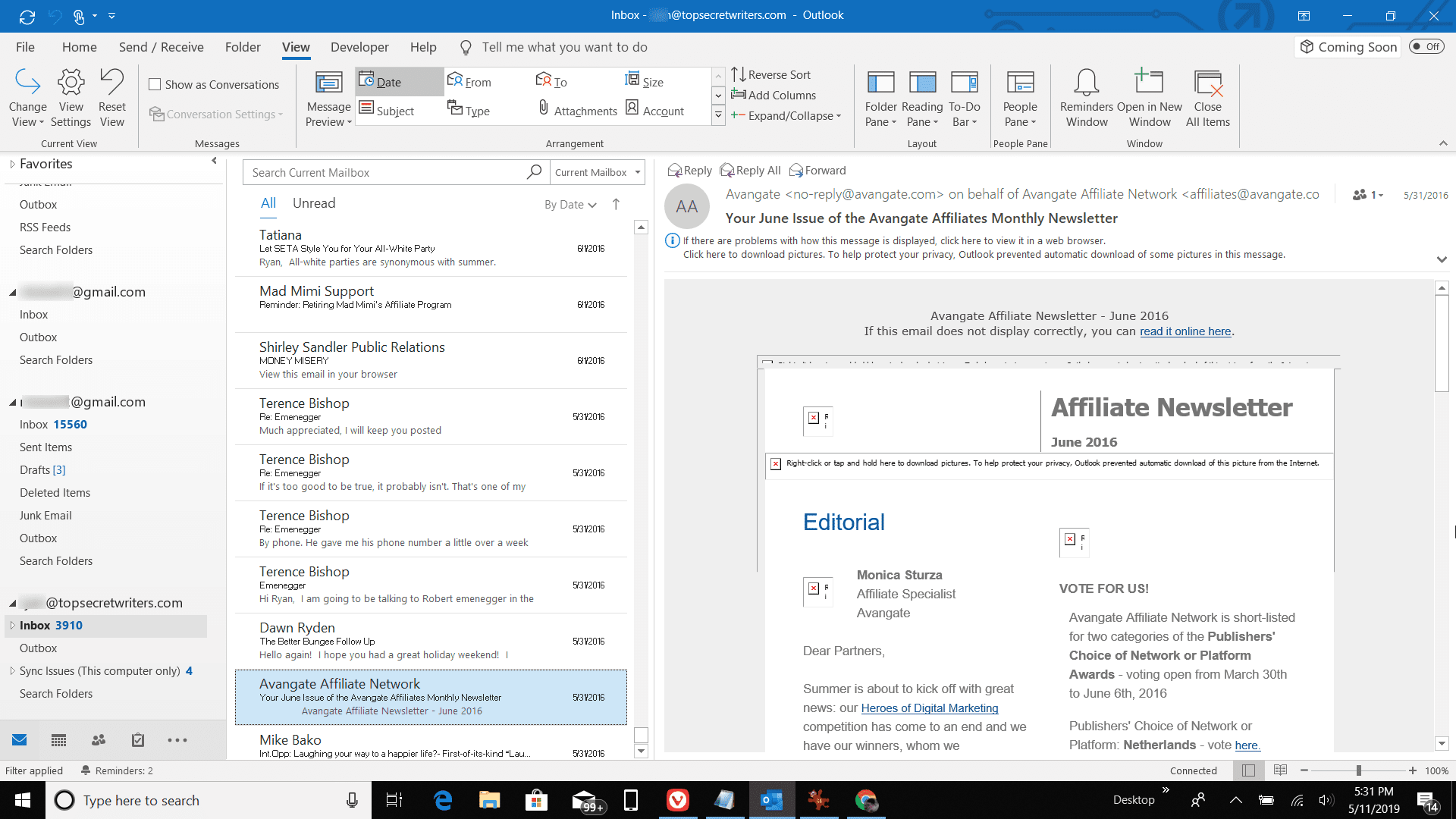 Снимок экрана со списком писем с новым шрифтом в Outlook