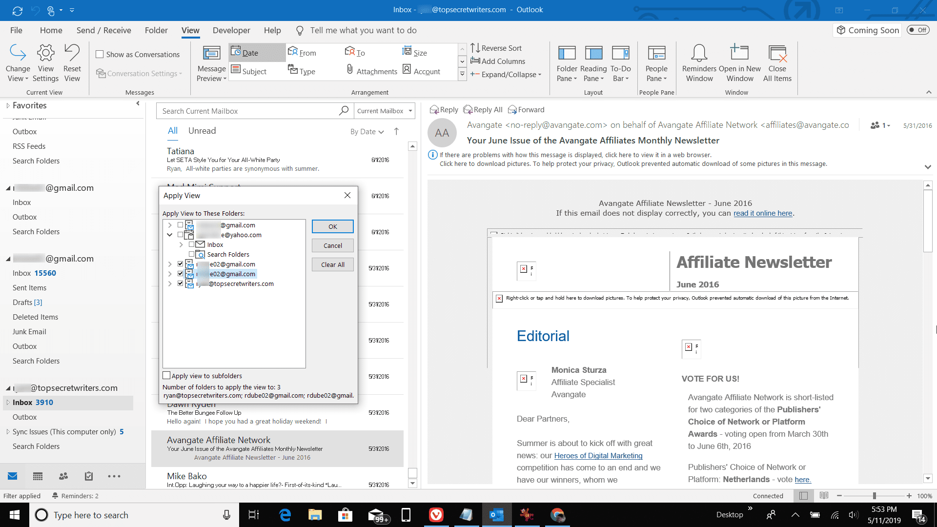 Снимок экрана выбора папок для применения вида в Outlook