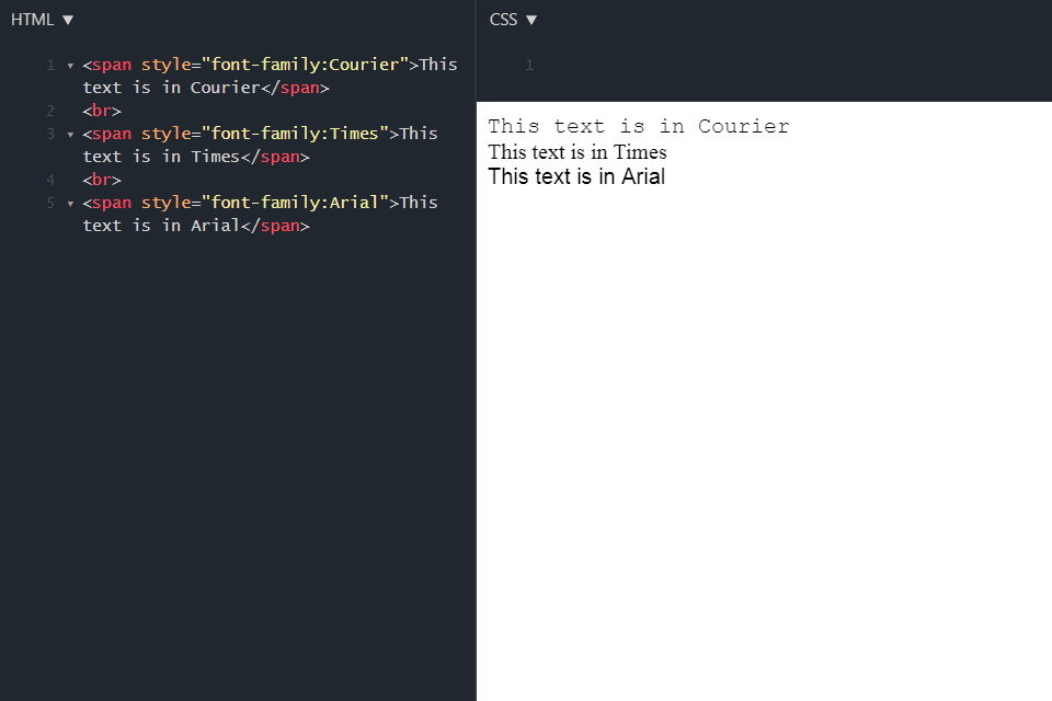 Снимок экрана параметров семейства шрифтов в HTML