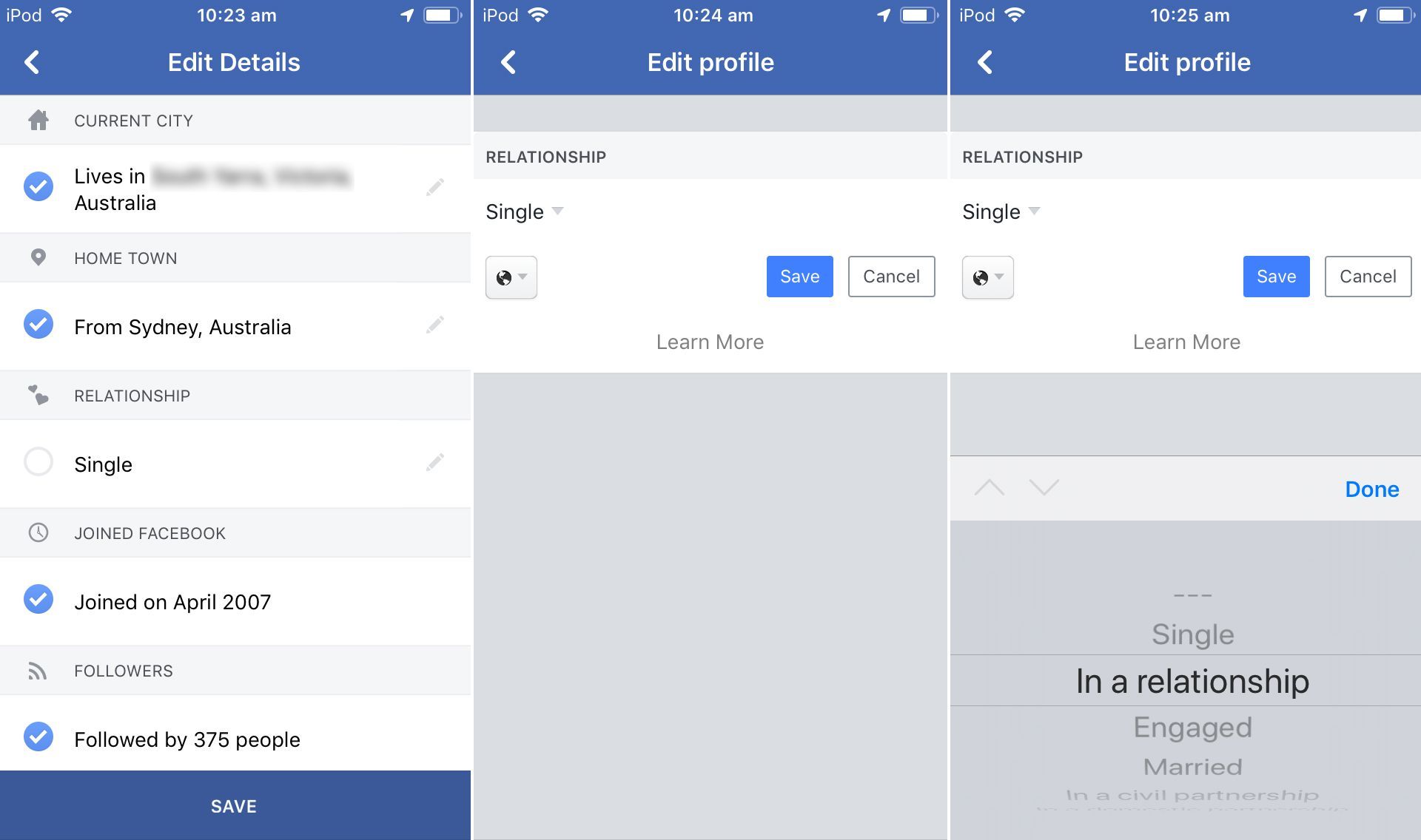Скриншоты приложения Facebook на iPhone.