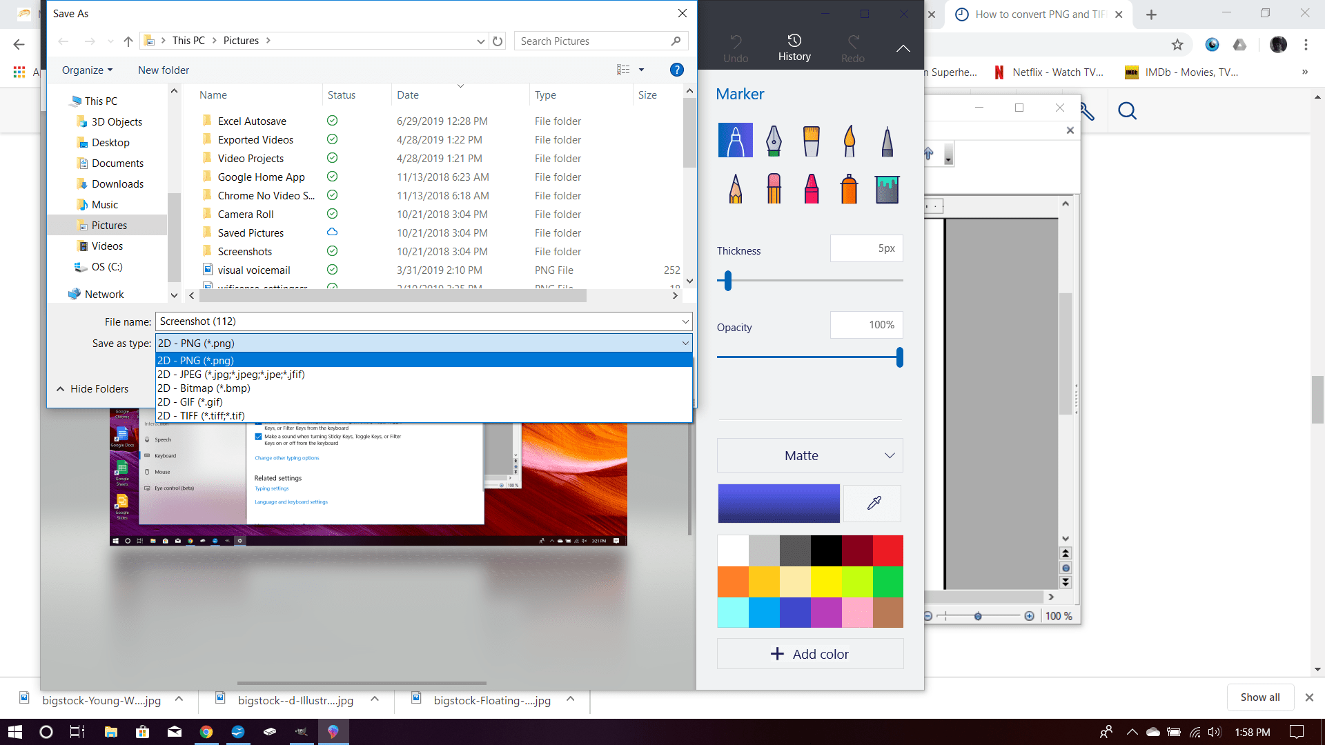 Microsoft Paint с открытым раскрывающимся списком выбора файлов