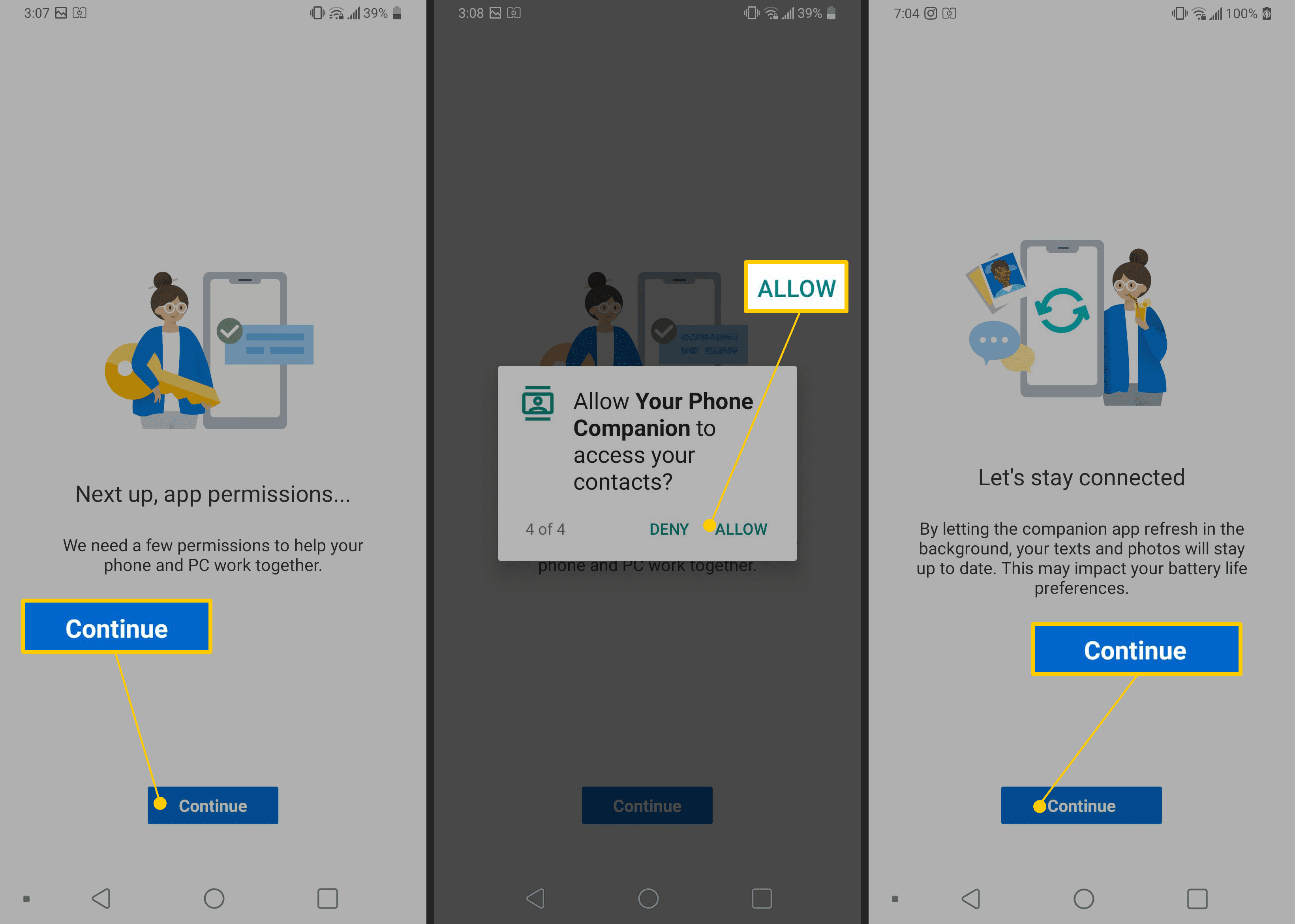 Кнопки «Продолжить», «Разрешить», «Продолжить» в приложении Microsoft Your Phone для Android