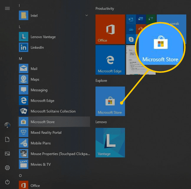 Кнопка Microsoft Store в меню «Пуск»