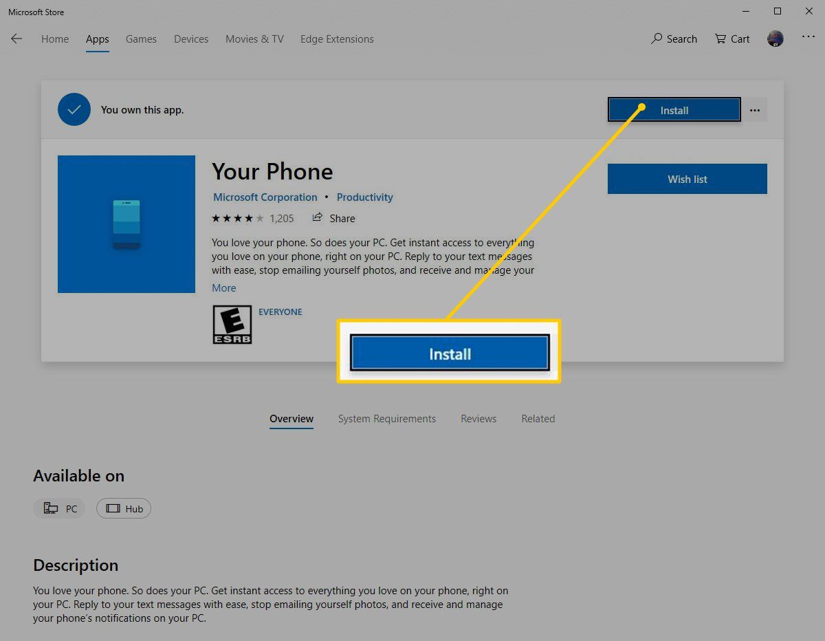 Кнопка установки приложения «Ваш телефон» в Windows
