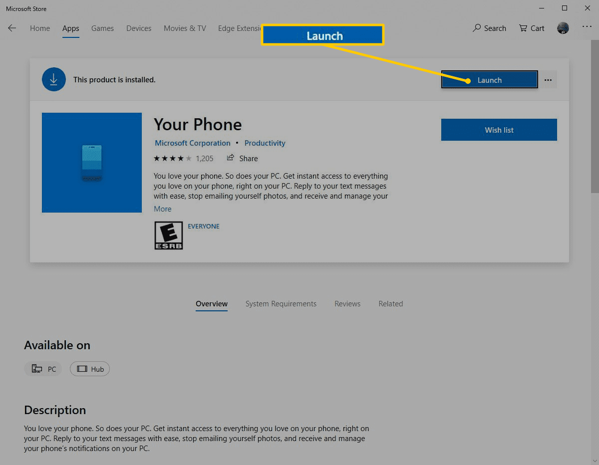 Кнопка запуска в приложении Microsoft Store для вашего телефона