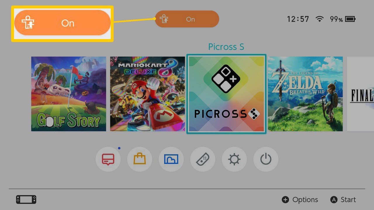Главный экран Nintendo Switch с включенным родительским контролем