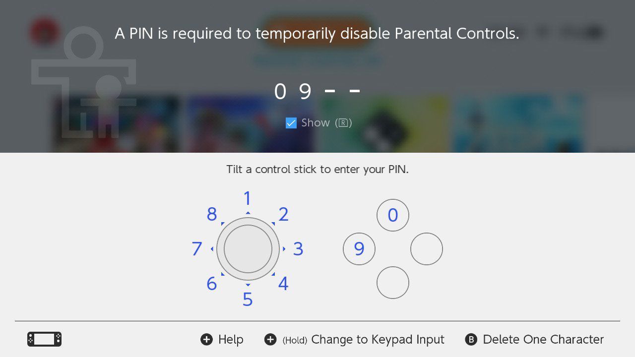 Ввод PIN-кода на экране родительского контроля Nintendo Switch