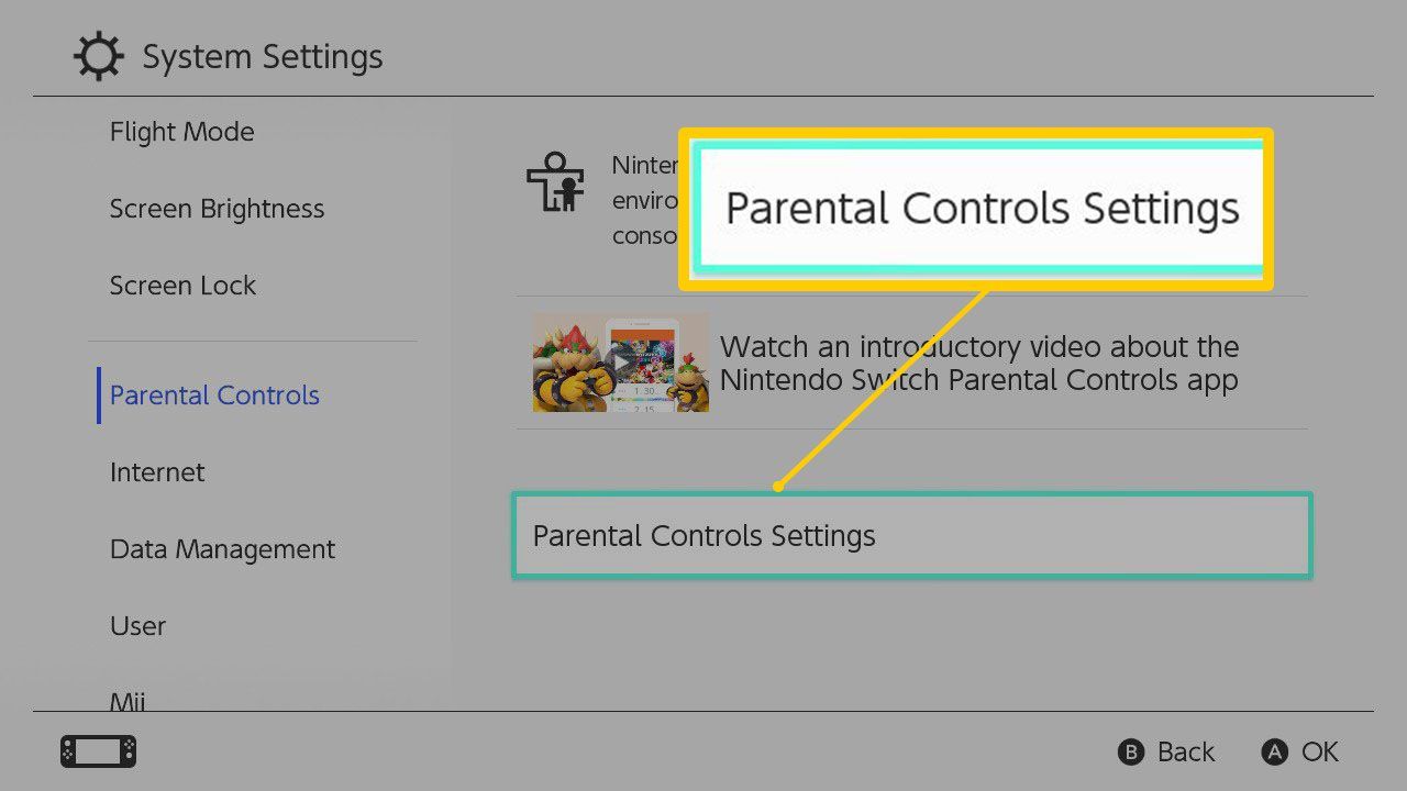 Параметр настройки родительского контроля Nintendo Switch