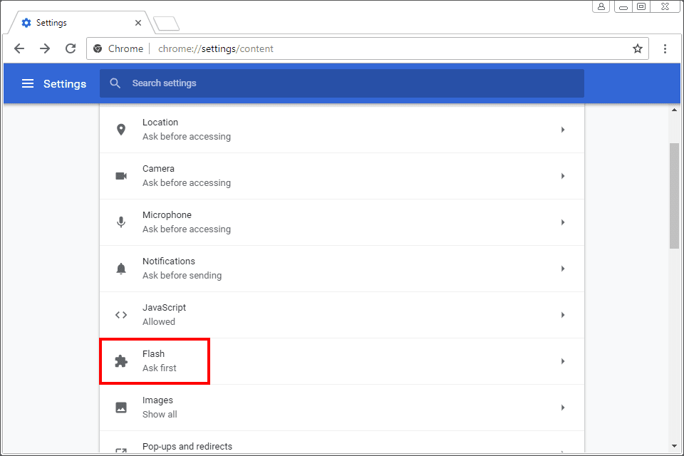 Скриншот Chrome's content settings