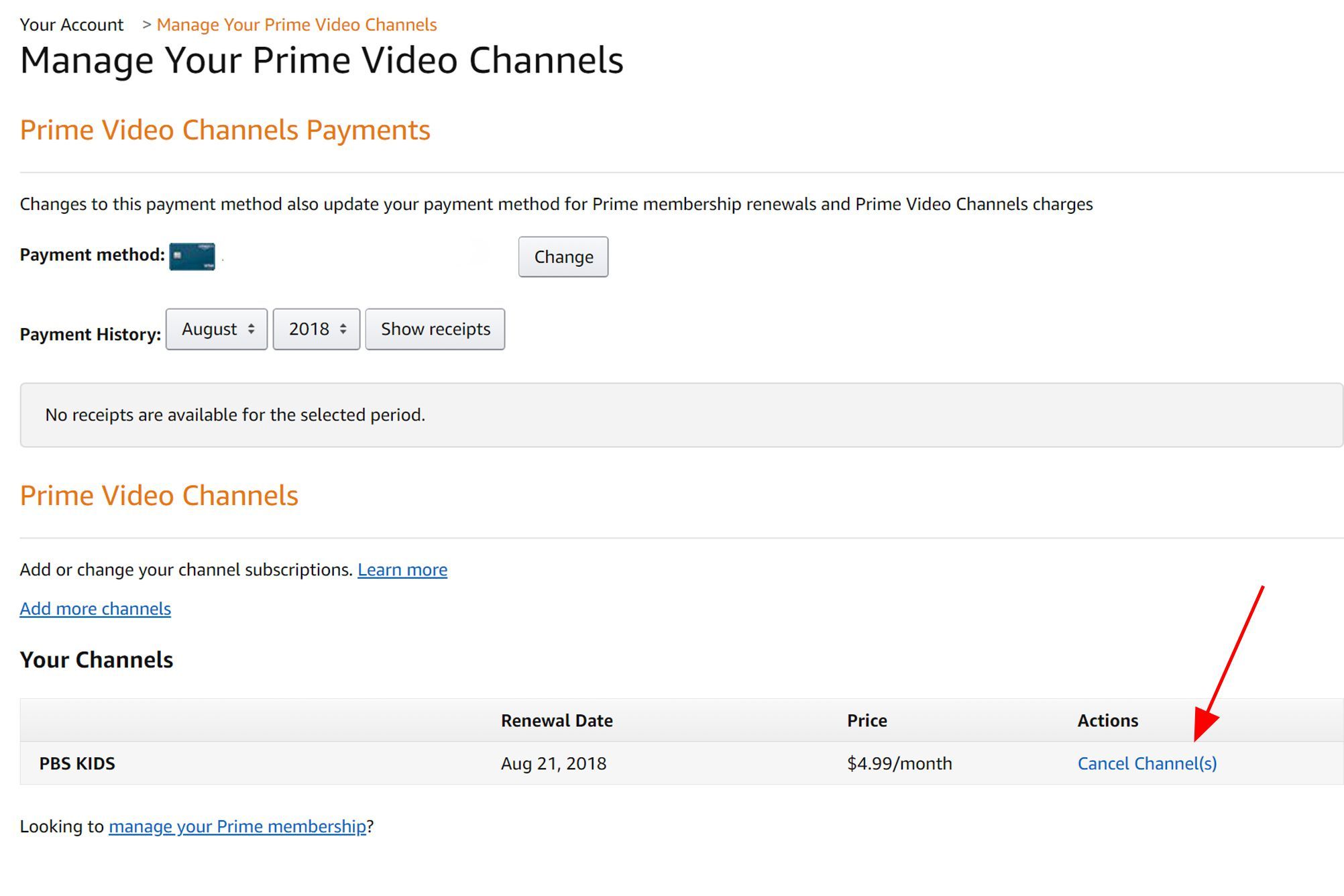 Снимок экрана страницы для управления подписками на Amazon Prime Video