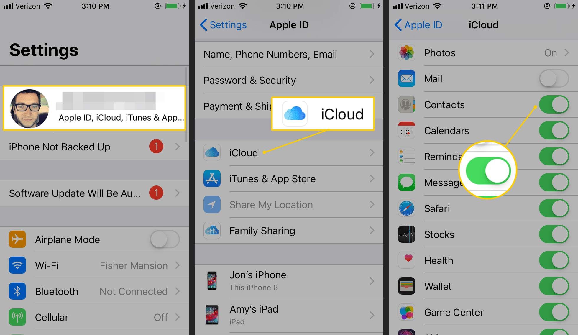 Профиль, iCloud и контакты включаются в приложении «Настройки iOS»