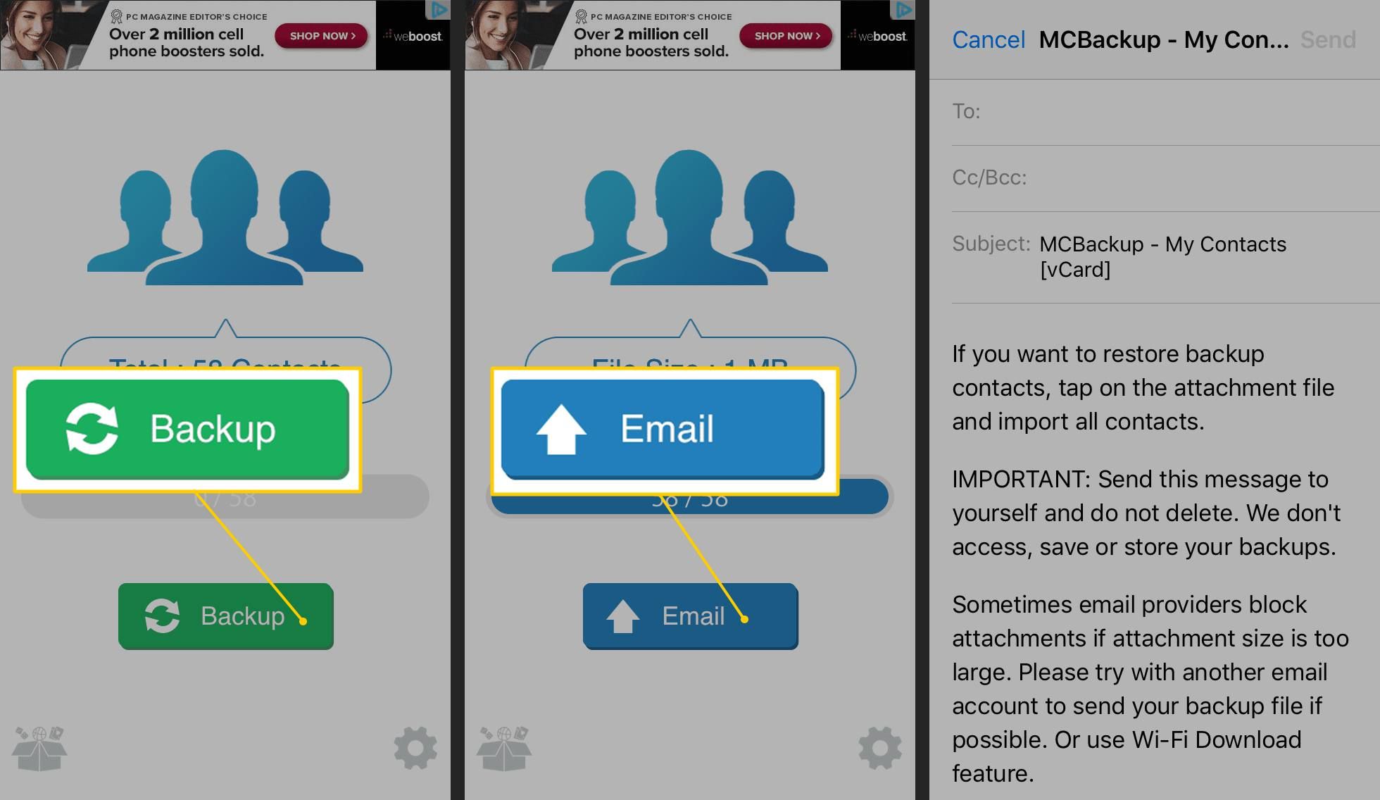 Кнопки резервного копирования и электронной почты в приложении MCBackup