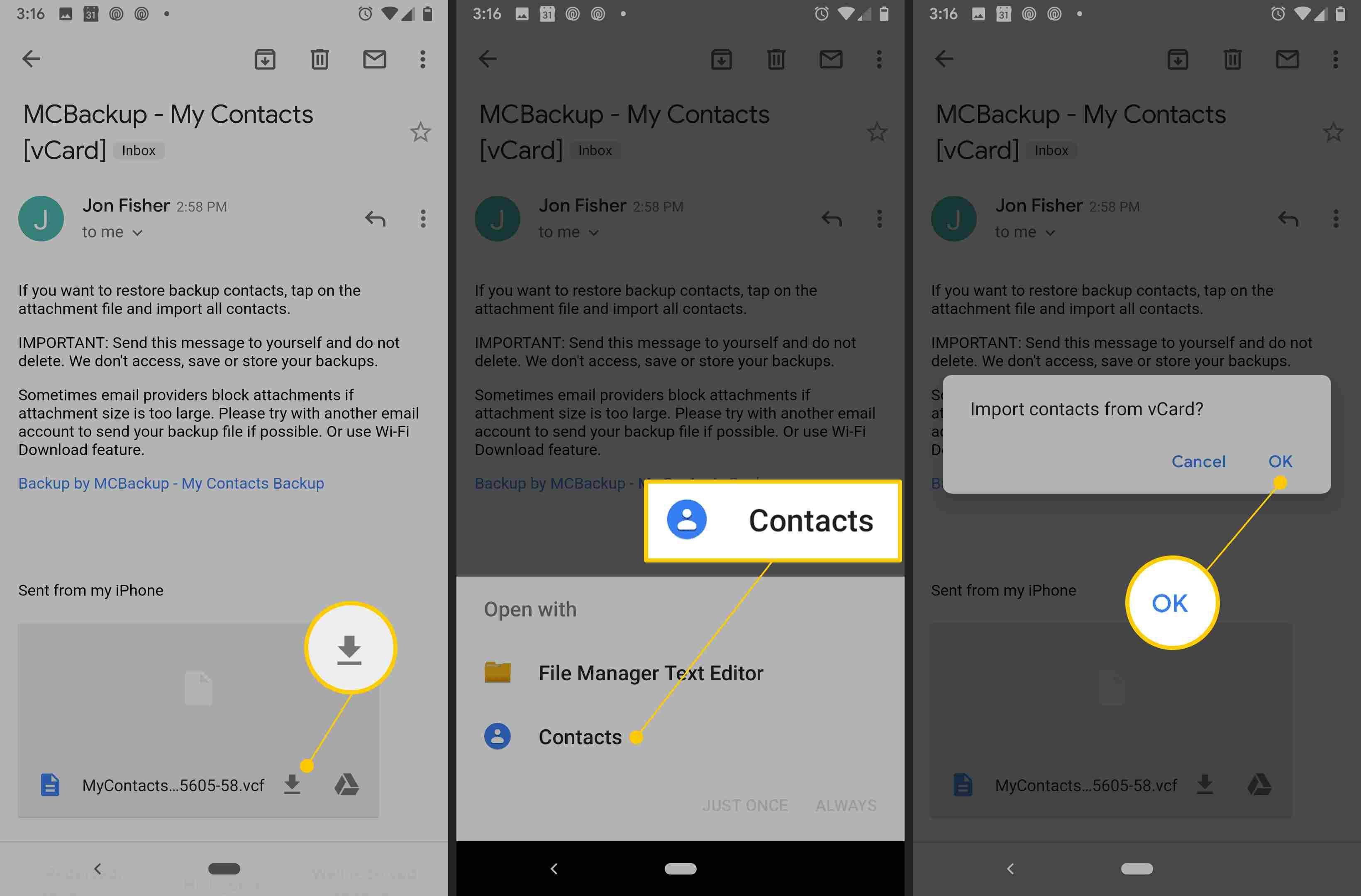 Приложение VCF, кнопка «Контакты» и кнопка «ОК» в Android