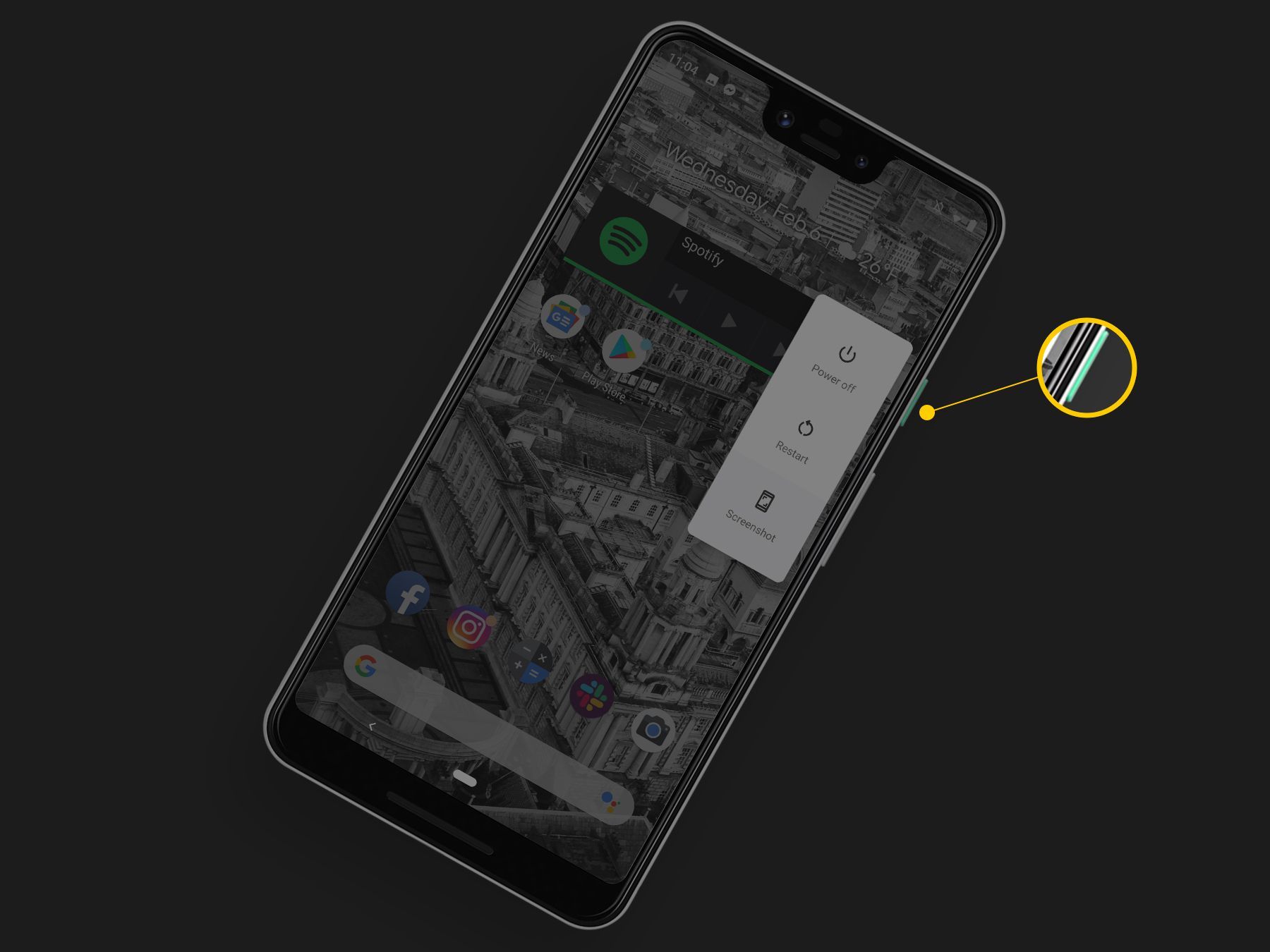 Кнопка питания на Google Pixel 3, показывающая выдвигающуюся панель «Выключение питания», «Перезагрузка» и «Снимок экрана» на экране